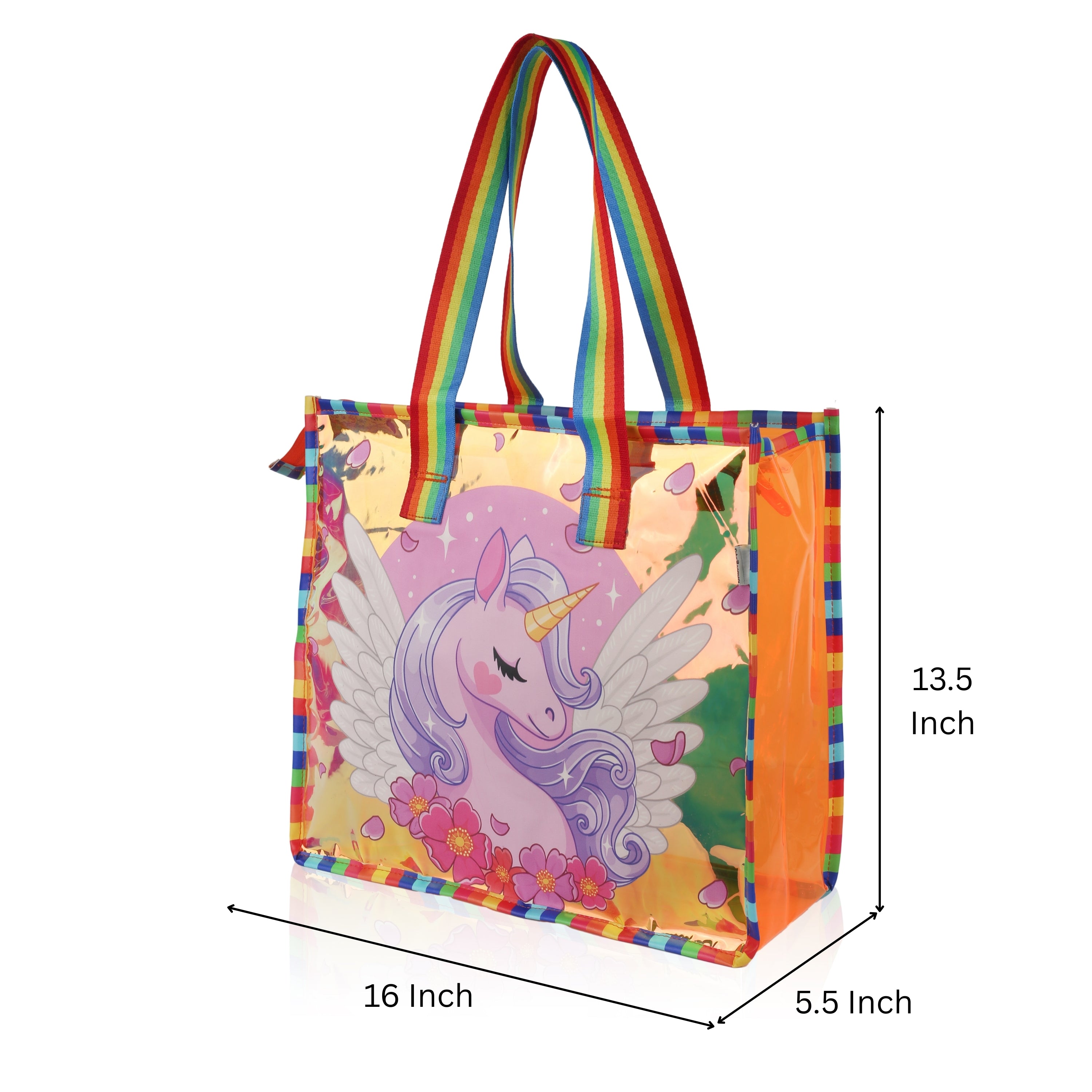 Echo Boomers Cute Mermaid,Magical Unicorn Wings,Astronaut, Stylish Cat,Cute Love Unicorn Transparent 50 GsmTote Bag – Rainbow Handles | Spacious, Durable & Stylish PVC Bag
