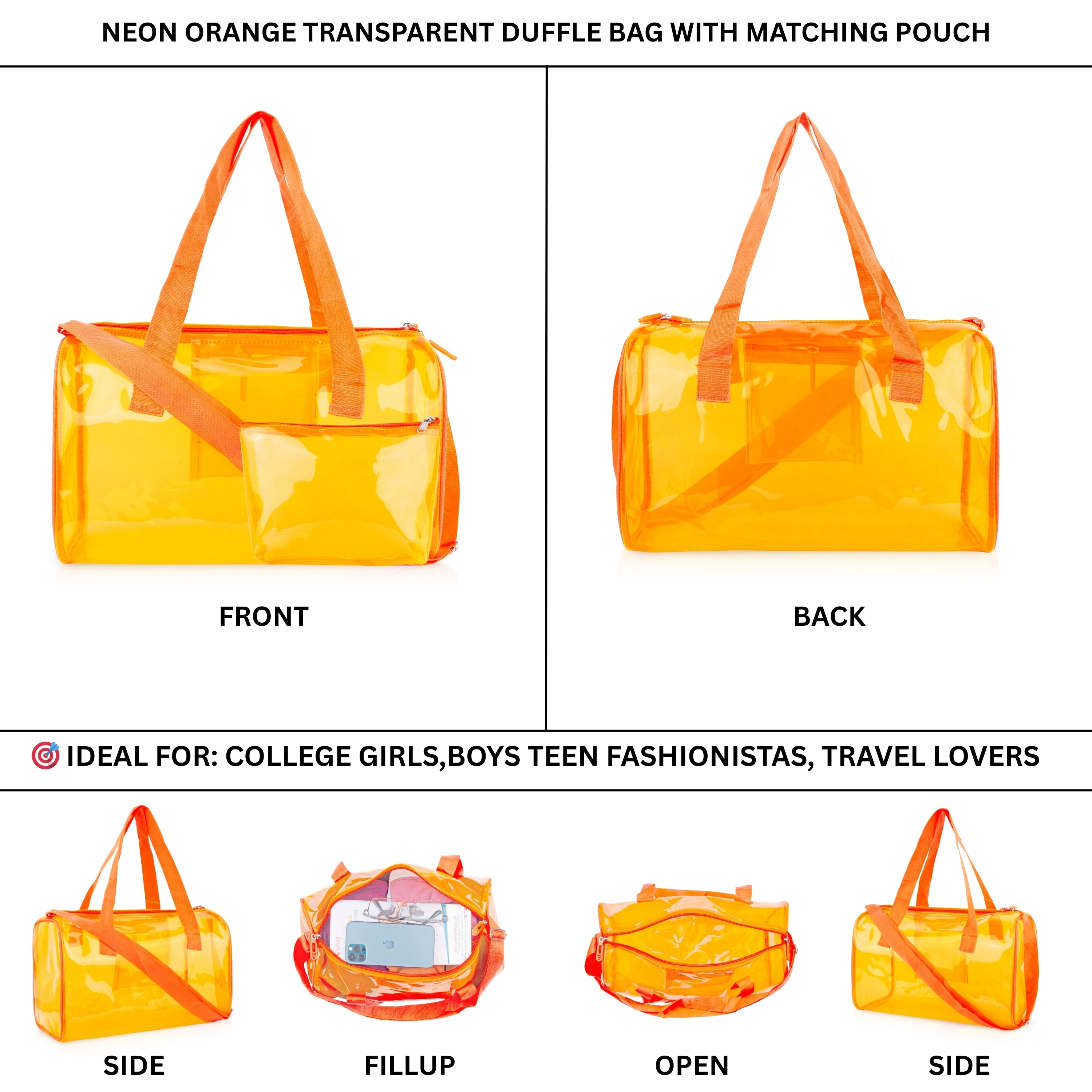 Echo Boomers Bold Blue Transparent Jelly Duffle Bag with Matching Pouch | 50 GSM Waterproof PVC Travel Gym Tote | Lightweight Shoulder Handbag for Women, Girls, College, Sports & Weekend Trips