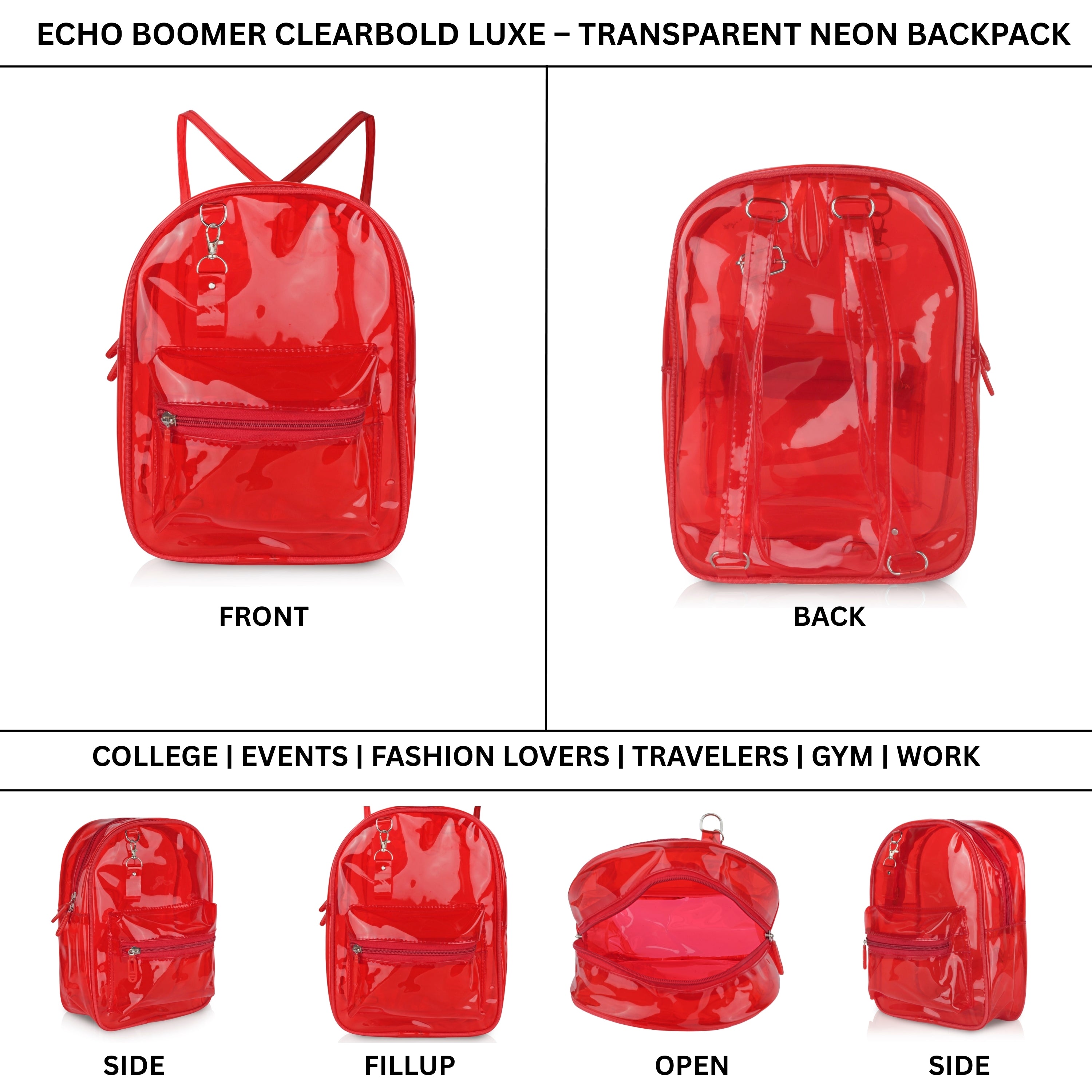 Echo Boomers Stylish Transparent Jelly Backpack | Trendy Neon  Clear Bag | 50 GSM Waterproof PVC School, College & Travel Backpack with Front Zipper Pocket