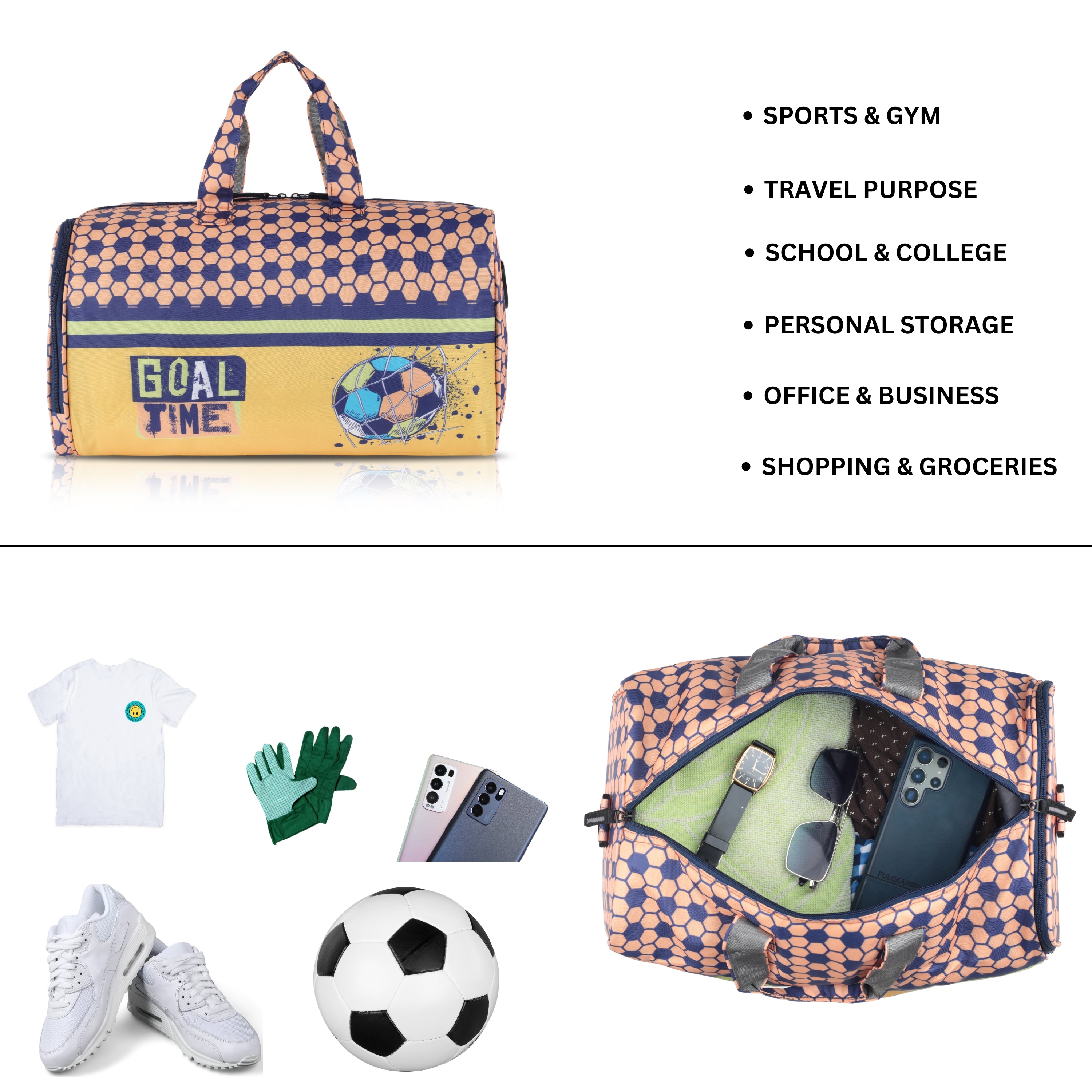 Echo Boomers Square Goal Print Duffle Bag – Stylish Travel & Gym Bag with Shoe Compartment