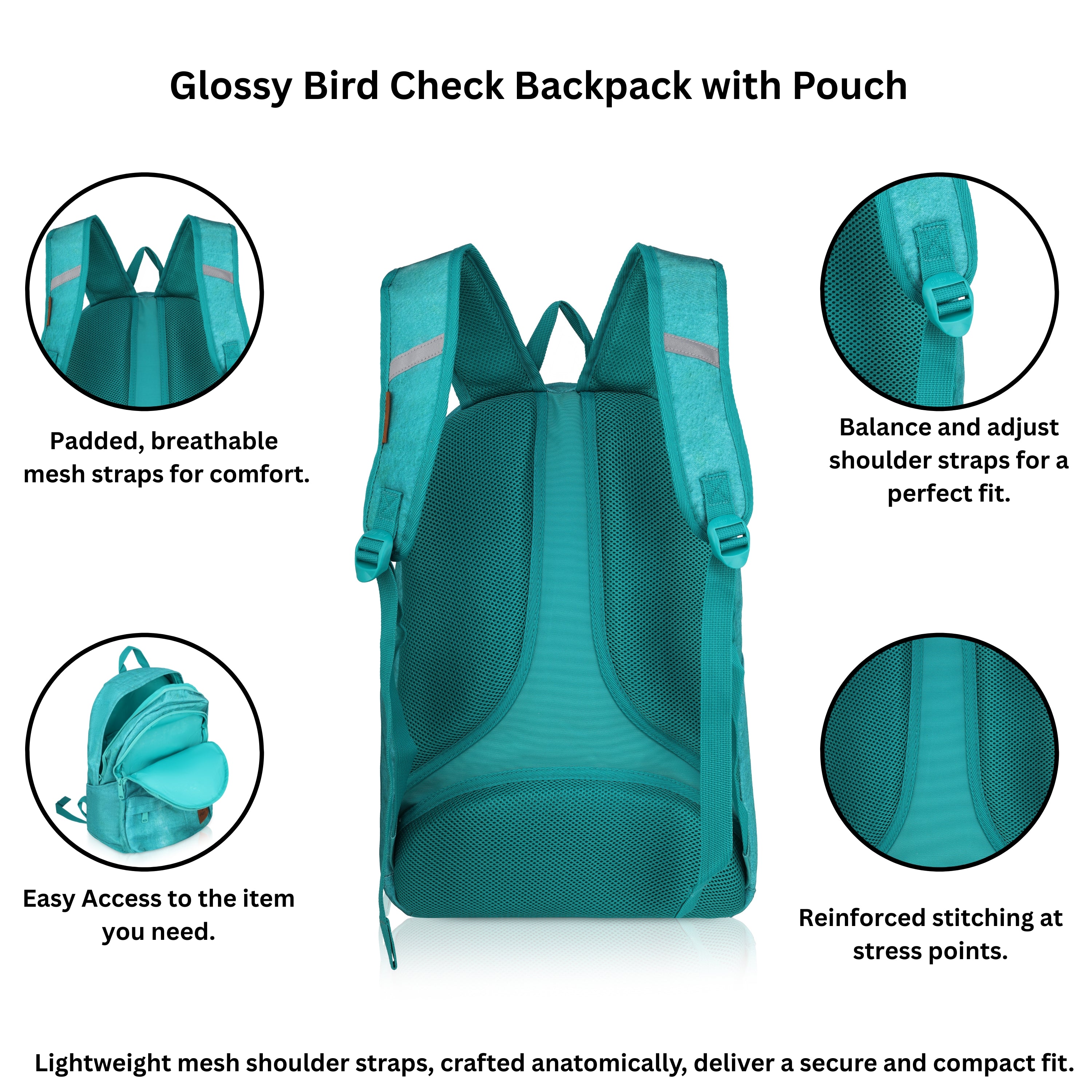 Echo Boomers Glossy Bird Backpack – Water-Resistant Stylish Bag with 3 Compartments, Bottle Holder, Detachable Pouch & Padded Straps – School & Travel Bag (AQUA)