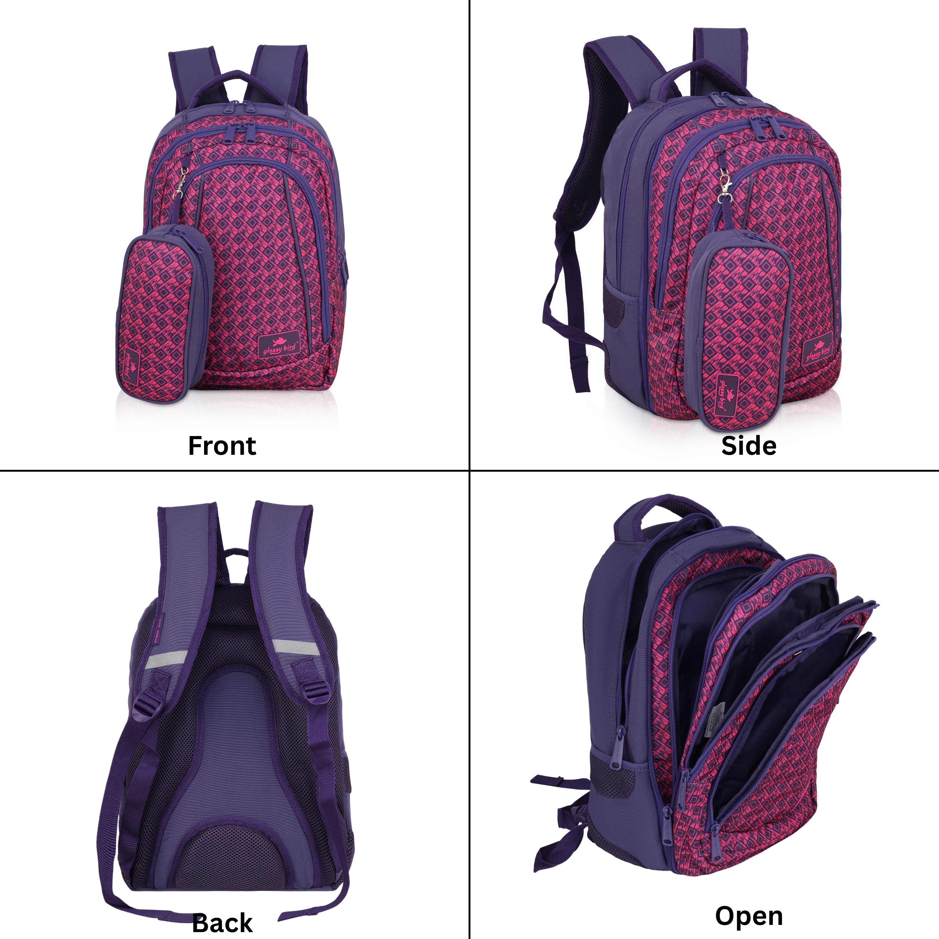 Echo Boomers Glossy Bird Unisex Backpack for School, Office & Travel – Water-Resistant, Lightweight Bag with 4 Compartments, Bottle Holder, Detachable Pouch & Ergonomic Straps (Purple)