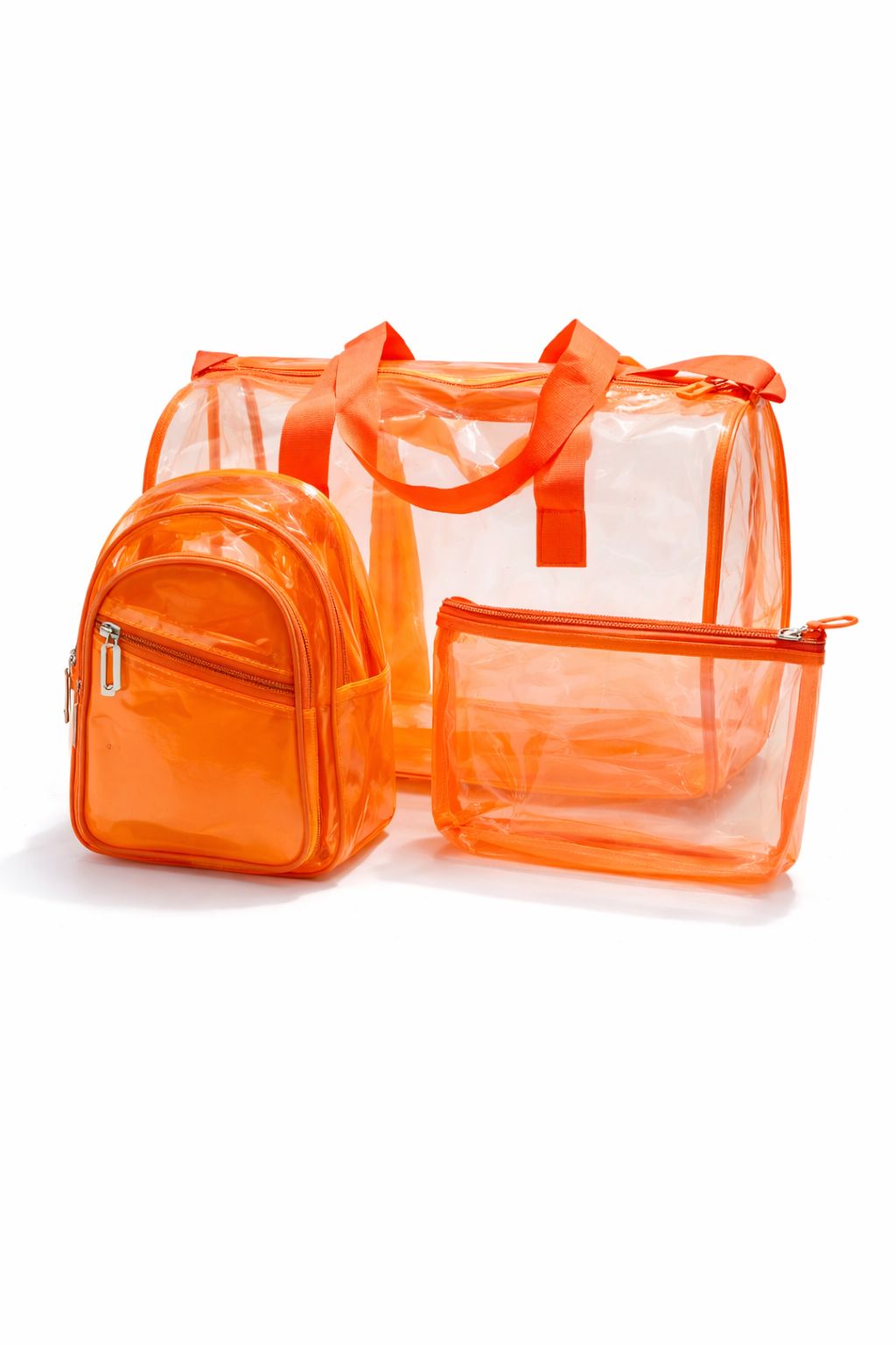Echo Boomers Premium Orange PVC Transparent Bag Combo Set (3 pcs) – Duffel Bag, Mini Backpack & Pouch | Waterproof Travel, Gym & Toiletry Organizer for Men & Women