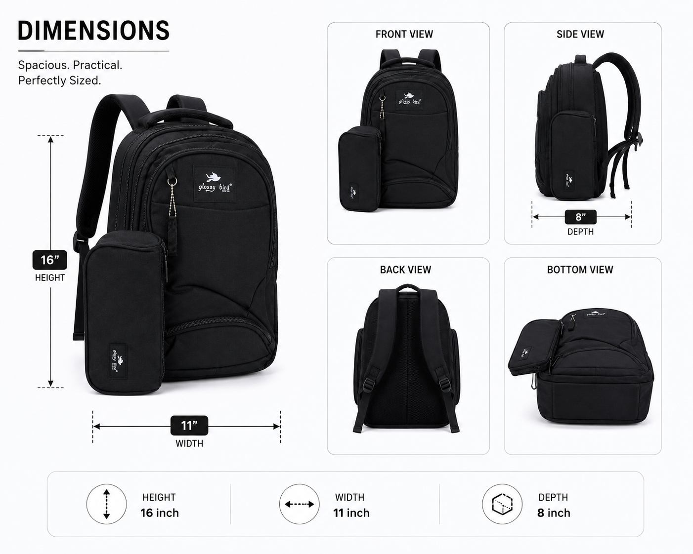 Echo Boomers Glossy Bird Explorer Backpack with Pencil Pouch | Lightweight Water-Resistant School, College, Office & Travel Backpack with Multiple Compartments