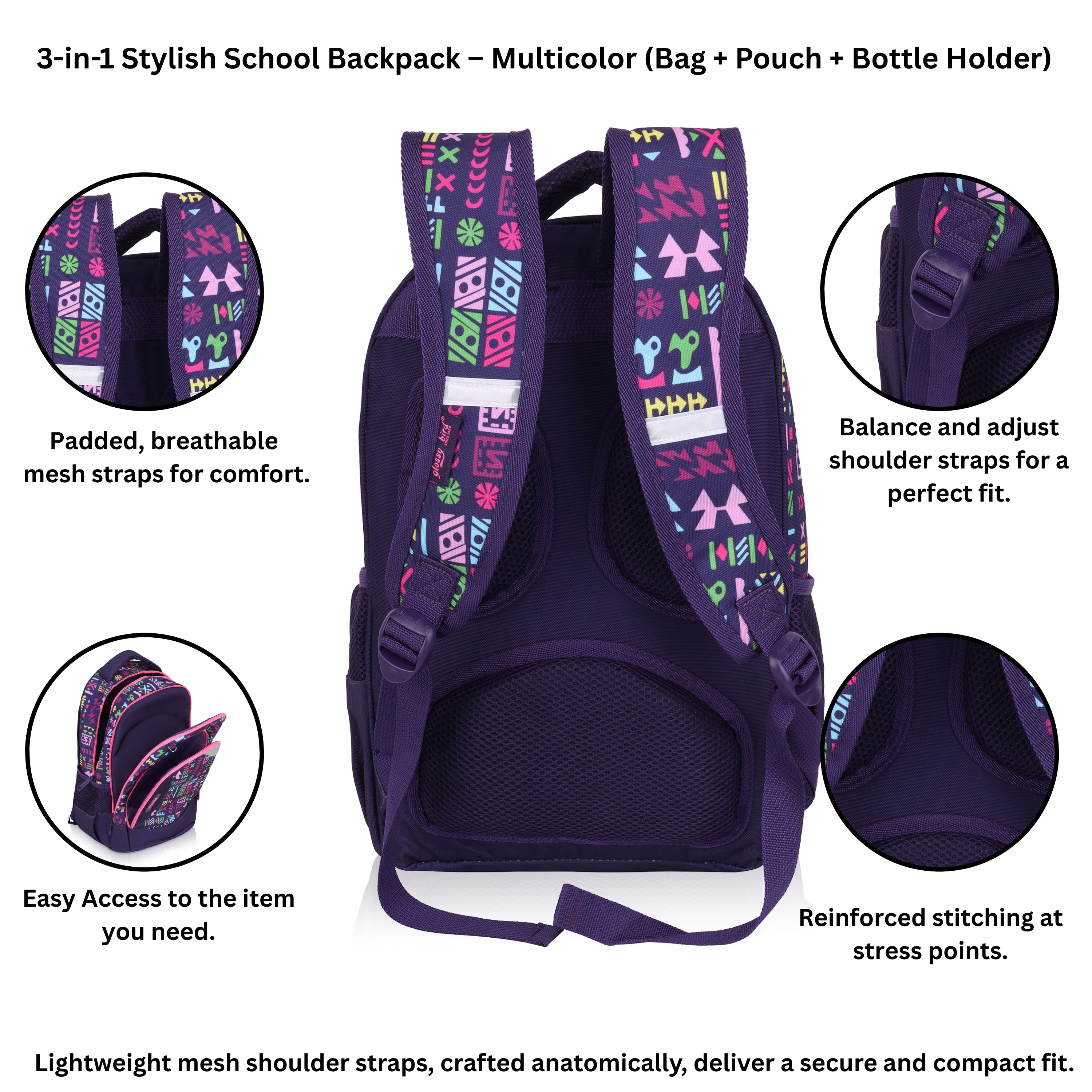 Echo Boomers Glossy Bird Backpack (BLACK) – Lightweight Water-Resistant School Bag for Girls & Boys with Detachable Pouch & Bottle Holder – Stylish Multi-Pocket Travel Backpack