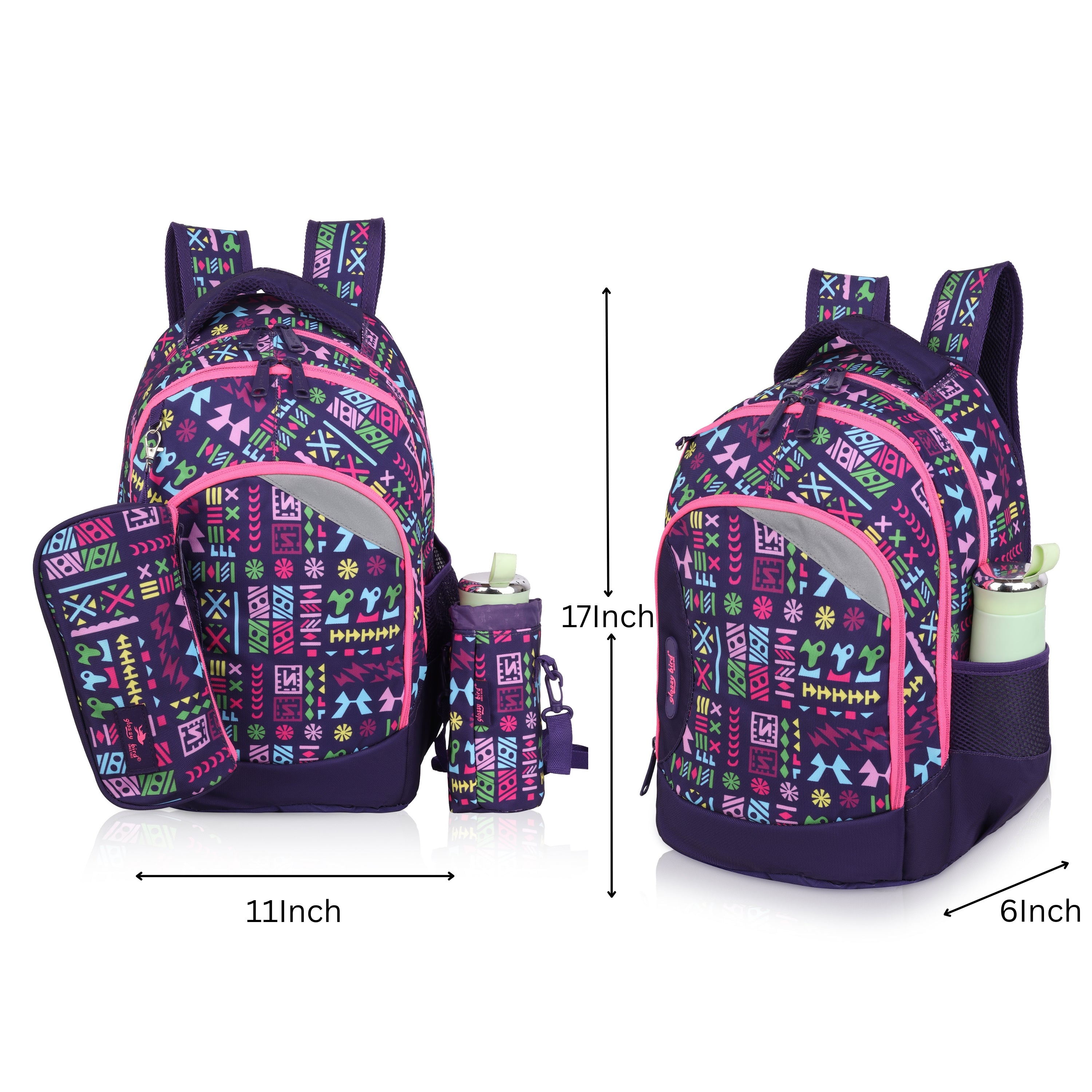 Echo Boomers Glossy Bird Backpack (BLACK) – Lightweight Water-Resistant School Bag for Girls & Boys with Detachable Pouch & Bottle Holder – Stylish Multi-Pocket Travel Backpack