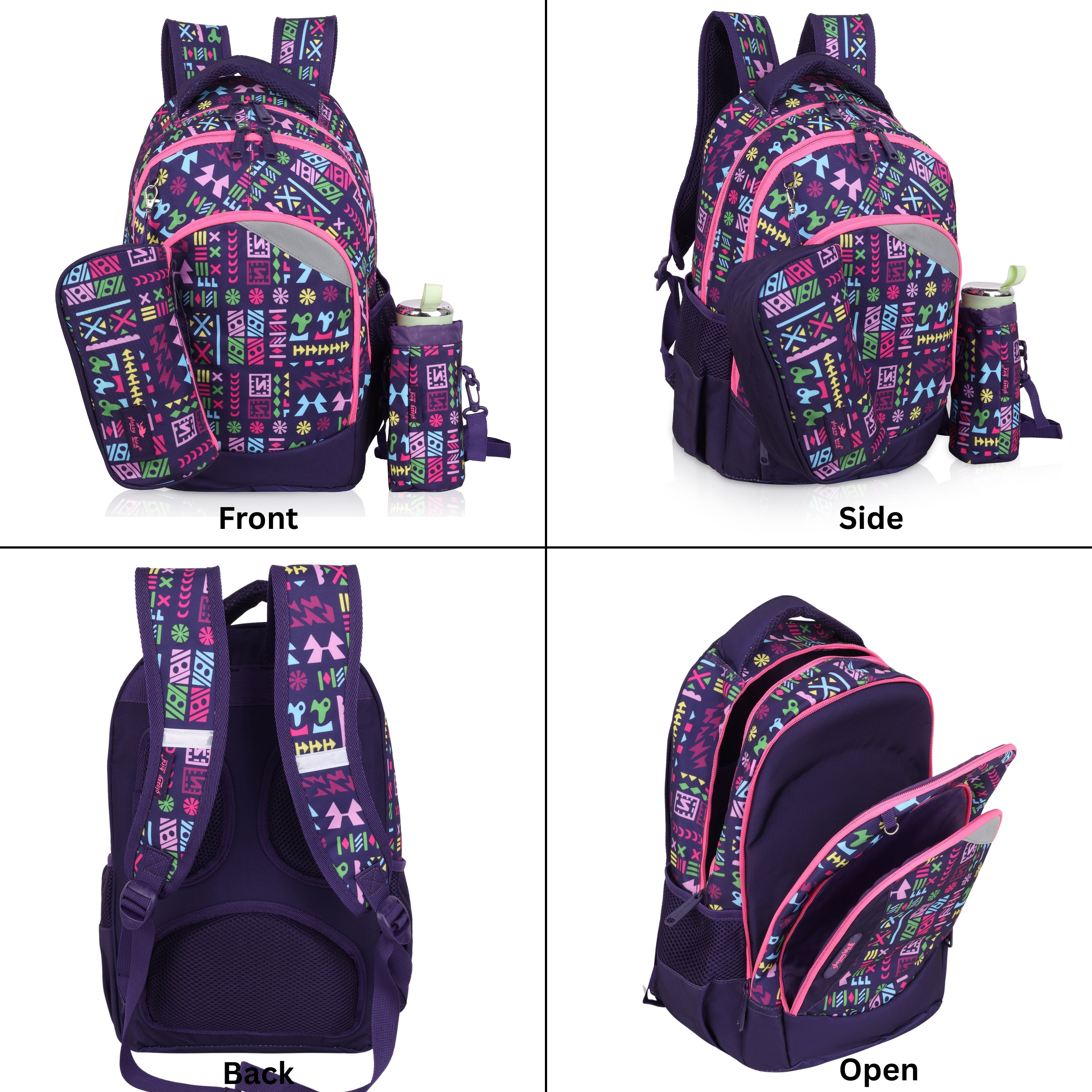 Echo Boomers Glossy Bird Backpack (BLACK) – Lightweight Water-Resistant School Bag for Girls & Boys with Detachable Pouch & Bottle Holder – Stylish Multi-Pocket Travel Backpack