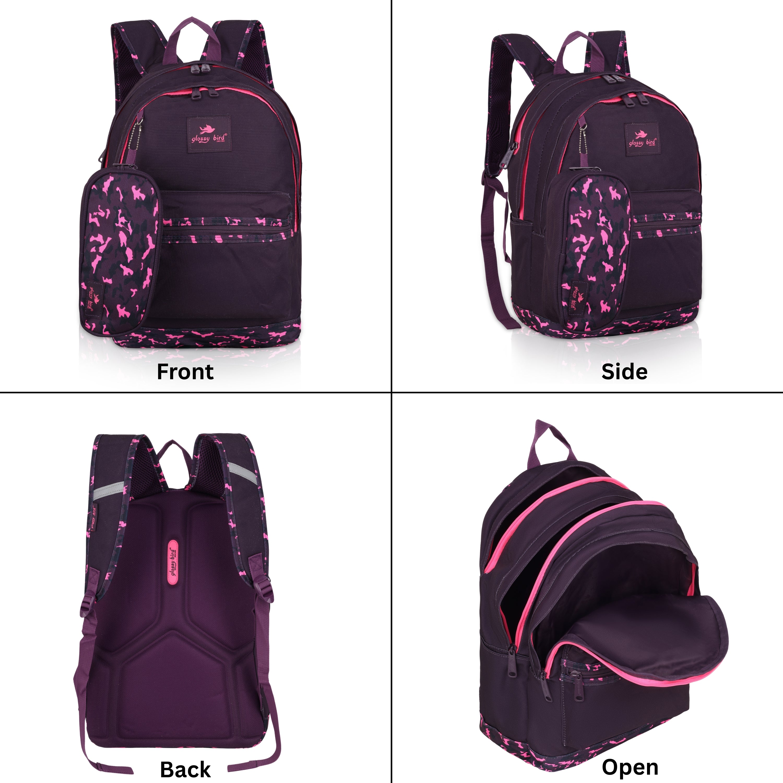 Echo Boomers Glossy Bird Backpack (PURPLE) – Water-Resistant School, Travel & Office Bag for Men & Women with Detachable Pouch, Padded Straps, Multi-Pockets & Reflective Strips