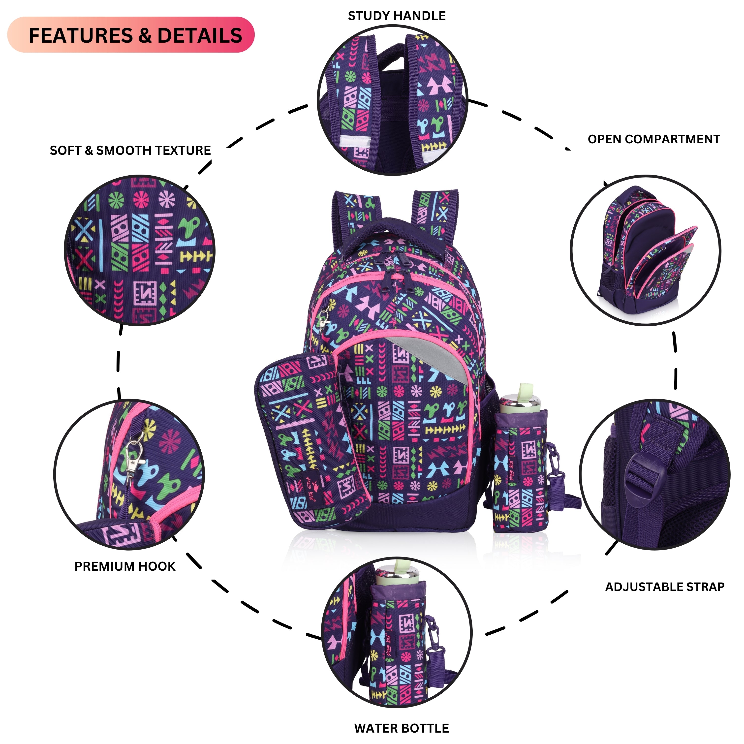 Echo Boomers Glossy Bird Backpack (BLACK) – Lightweight Water-Resistant School Bag for Girls & Boys with Detachable Pouch & Bottle Holder – Stylish Multi-Pocket Travel Backpack