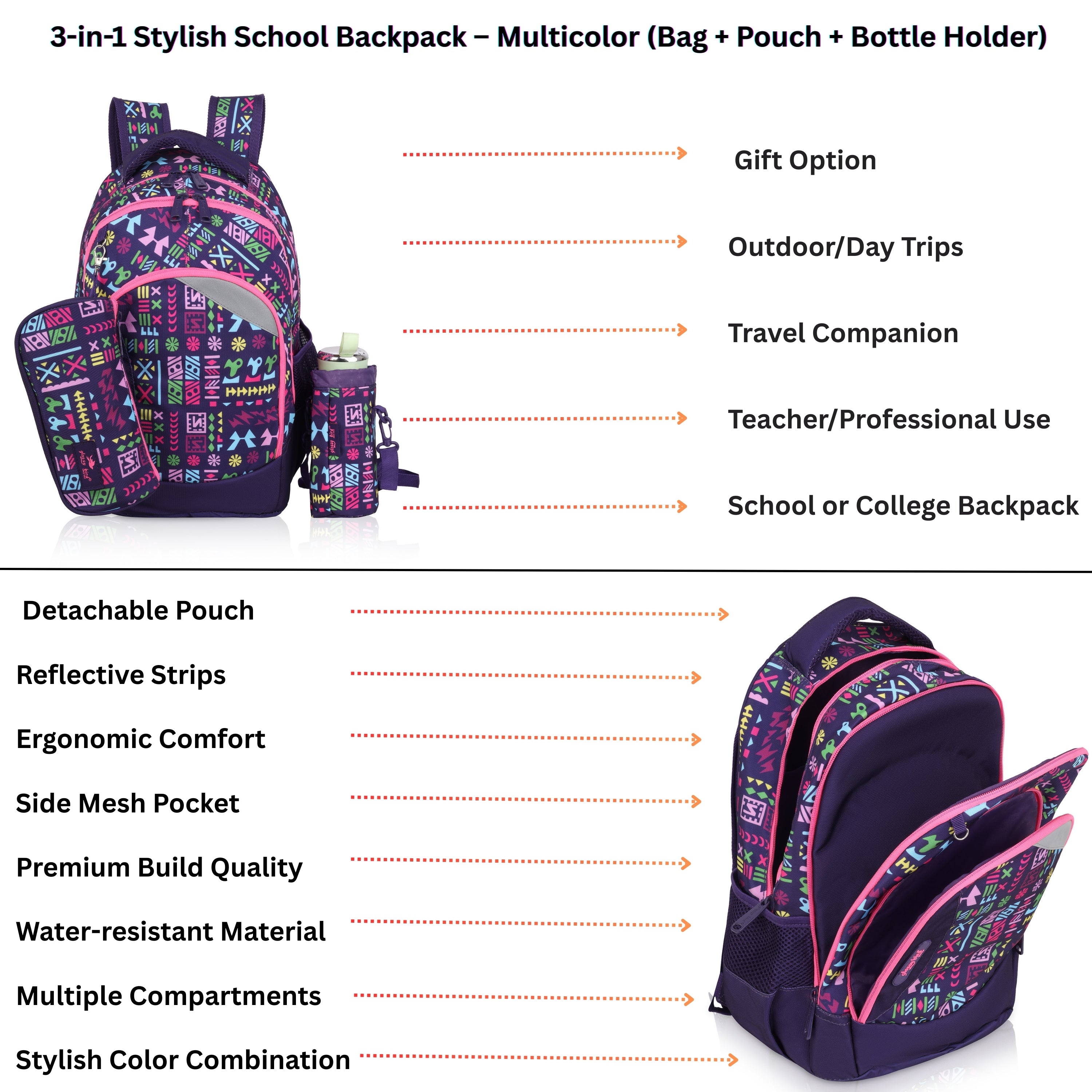 Echo Boomers Glossy Bird Backpack (BLACK) – Lightweight Water-Resistant School Bag for Girls & Boys with Detachable Pouch & Bottle Holder – Stylish Multi-Pocket Travel Backpack