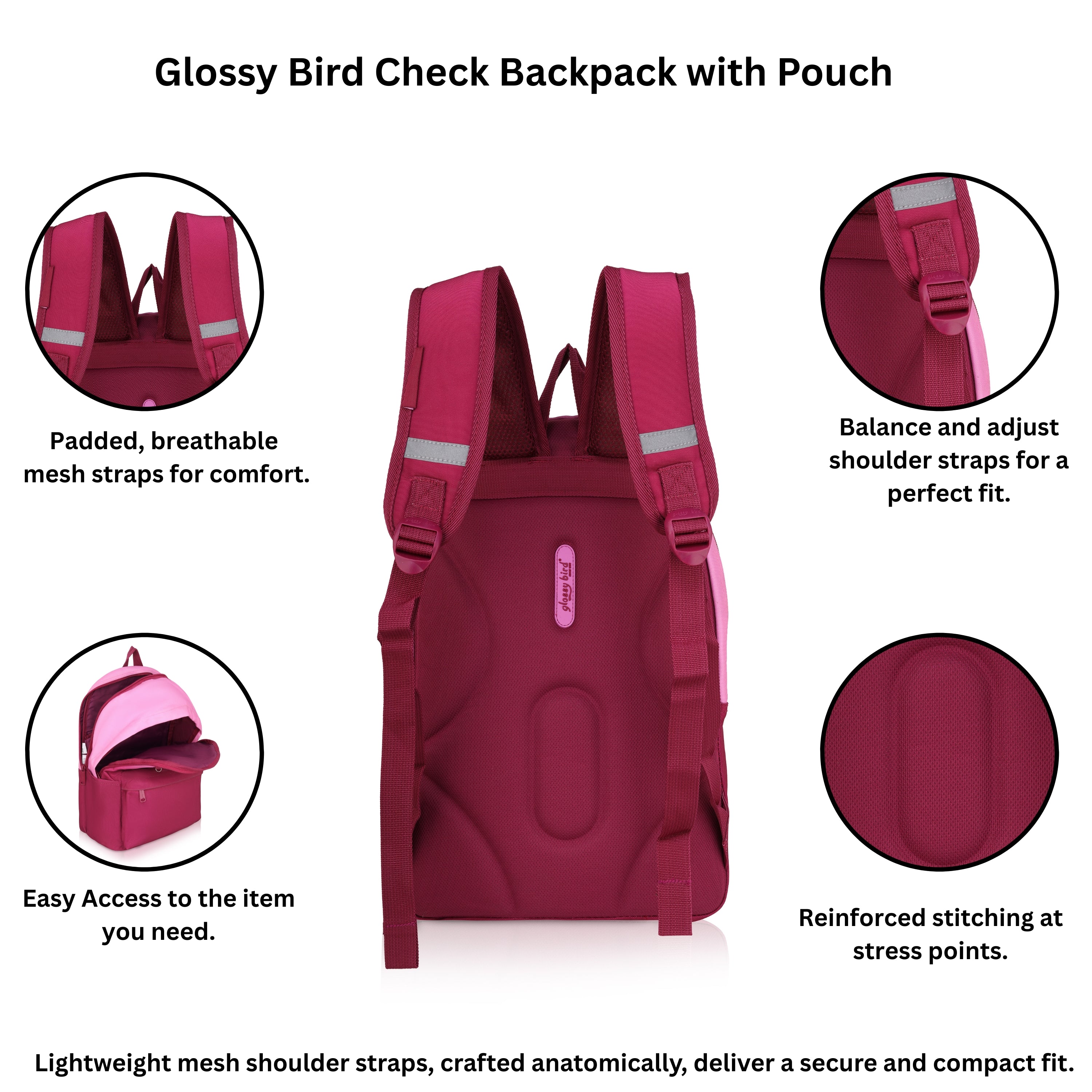 Echo Boomers Glossy Bird Backpack with Pouch – Casual Backpack with Compartments, Front Pocket, Bottle Holder – Ideal for School, College, Travel – Boys, Girls, Men, Women (Pink)