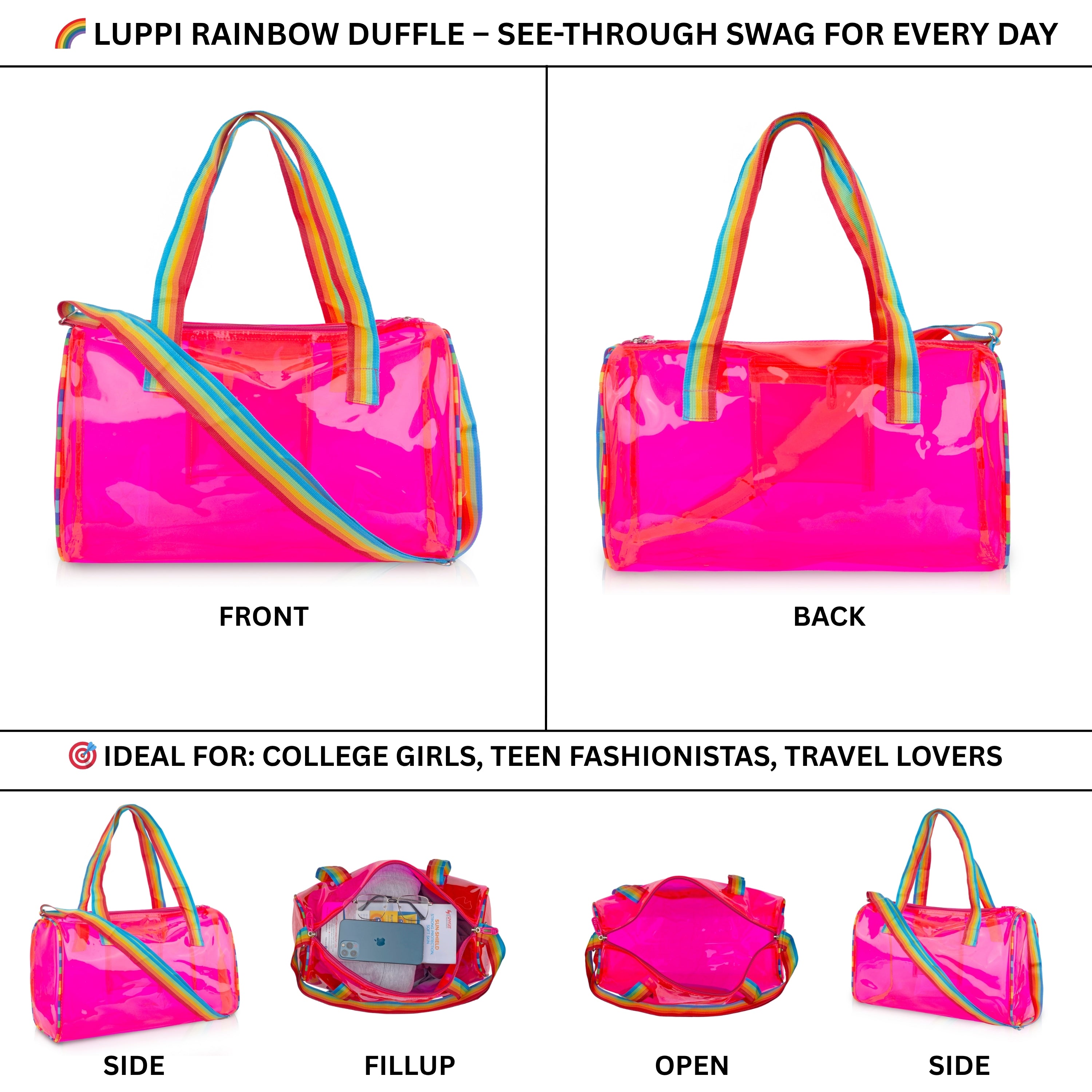 Echo Boomers See-Through Jelly Duffle –  Transparent Bag with Rainbow Handles | Trendy Handbag for School, Gym, Travel, Beach