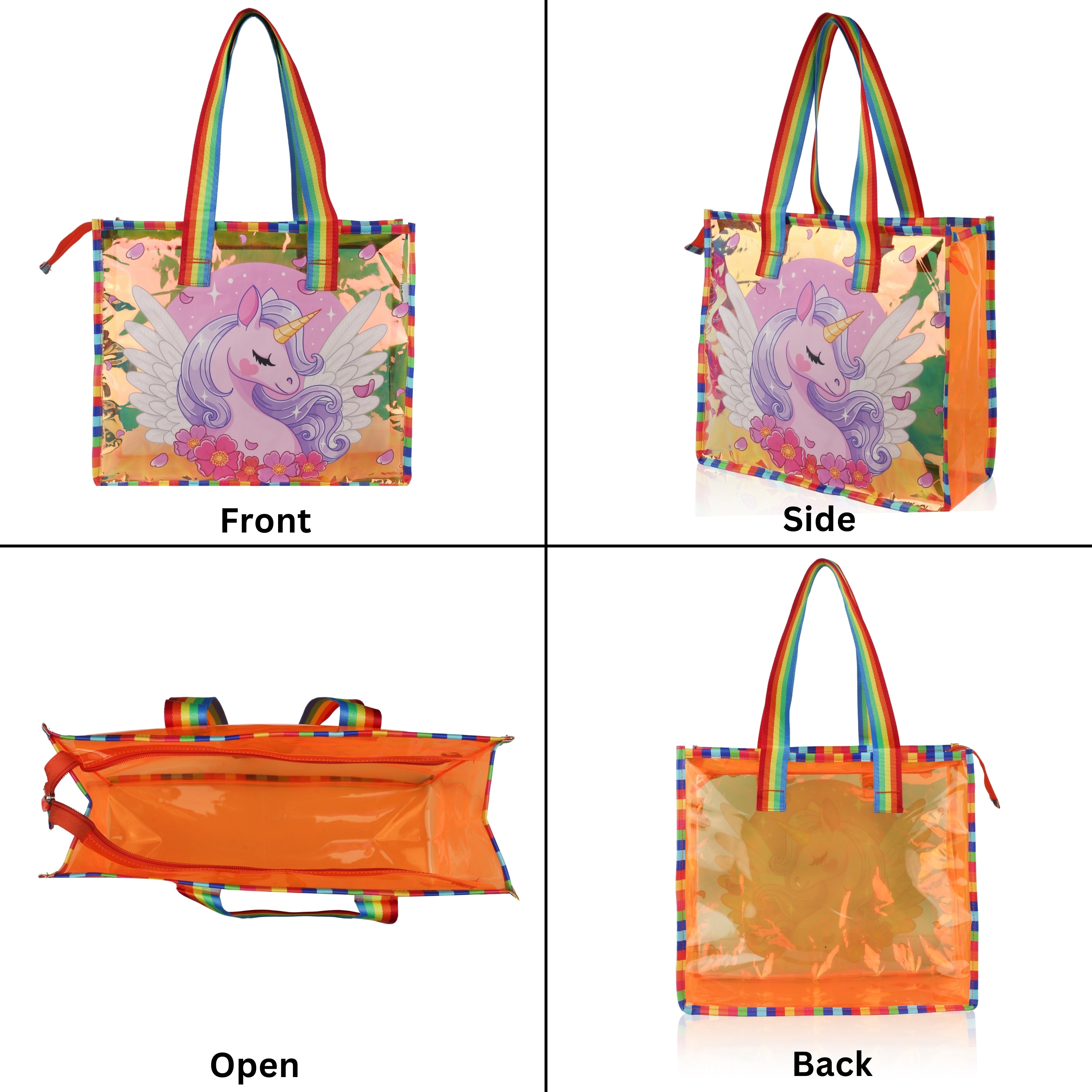 Echo Boomers Cute Mermaid,Magical Unicorn Wings,Astronaut, Stylish Cat,Cute Love Unicorn Transparent 50 GsmTote Bag – Rainbow Handles | Spacious, Durable & Stylish PVC Bag
