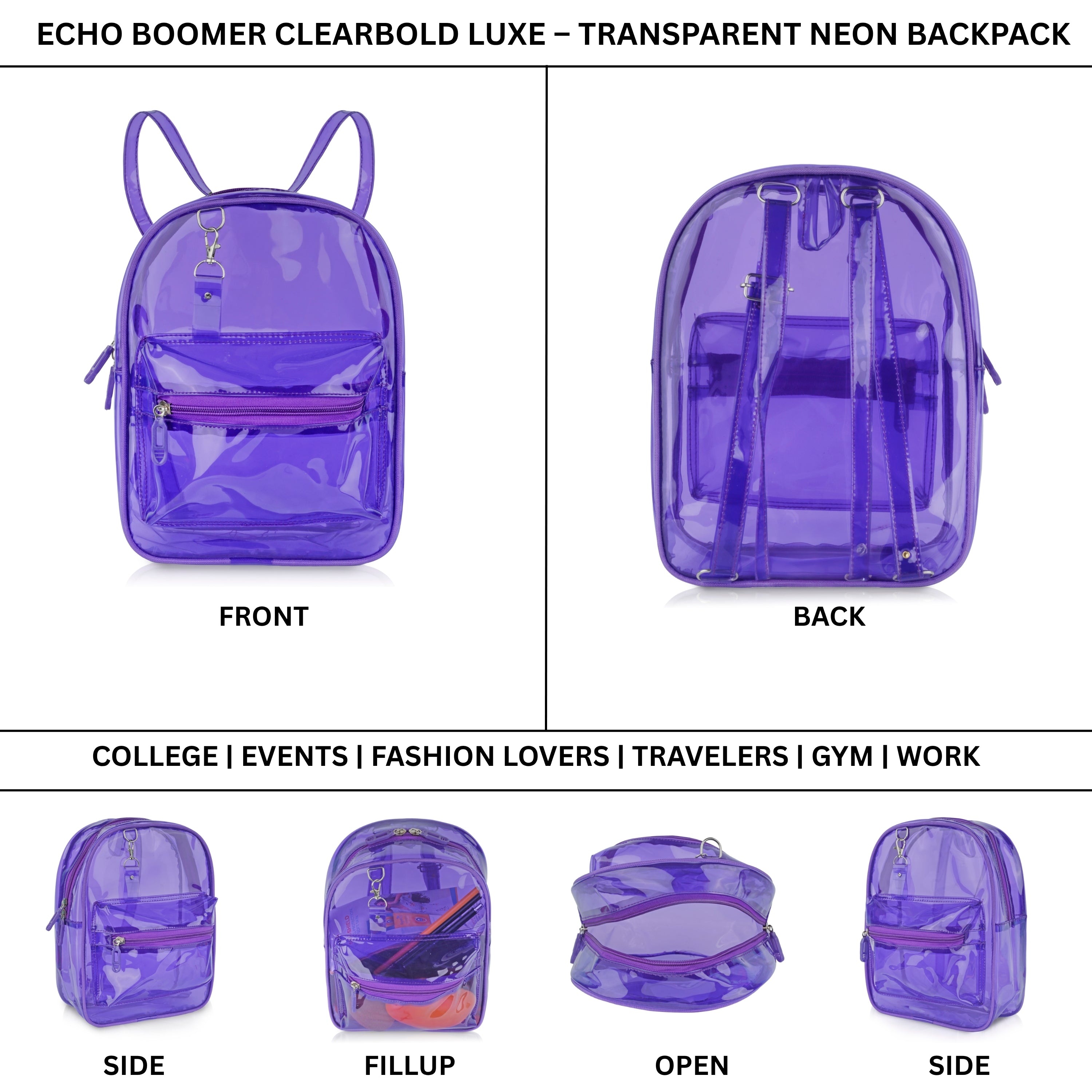 Echo Boomers Stylish Transparent Jelly Backpack | Trendy Neon  Clear Bag | 50 GSM Waterproof PVC School, College & Travel Backpack with Front Zipper Pocket
