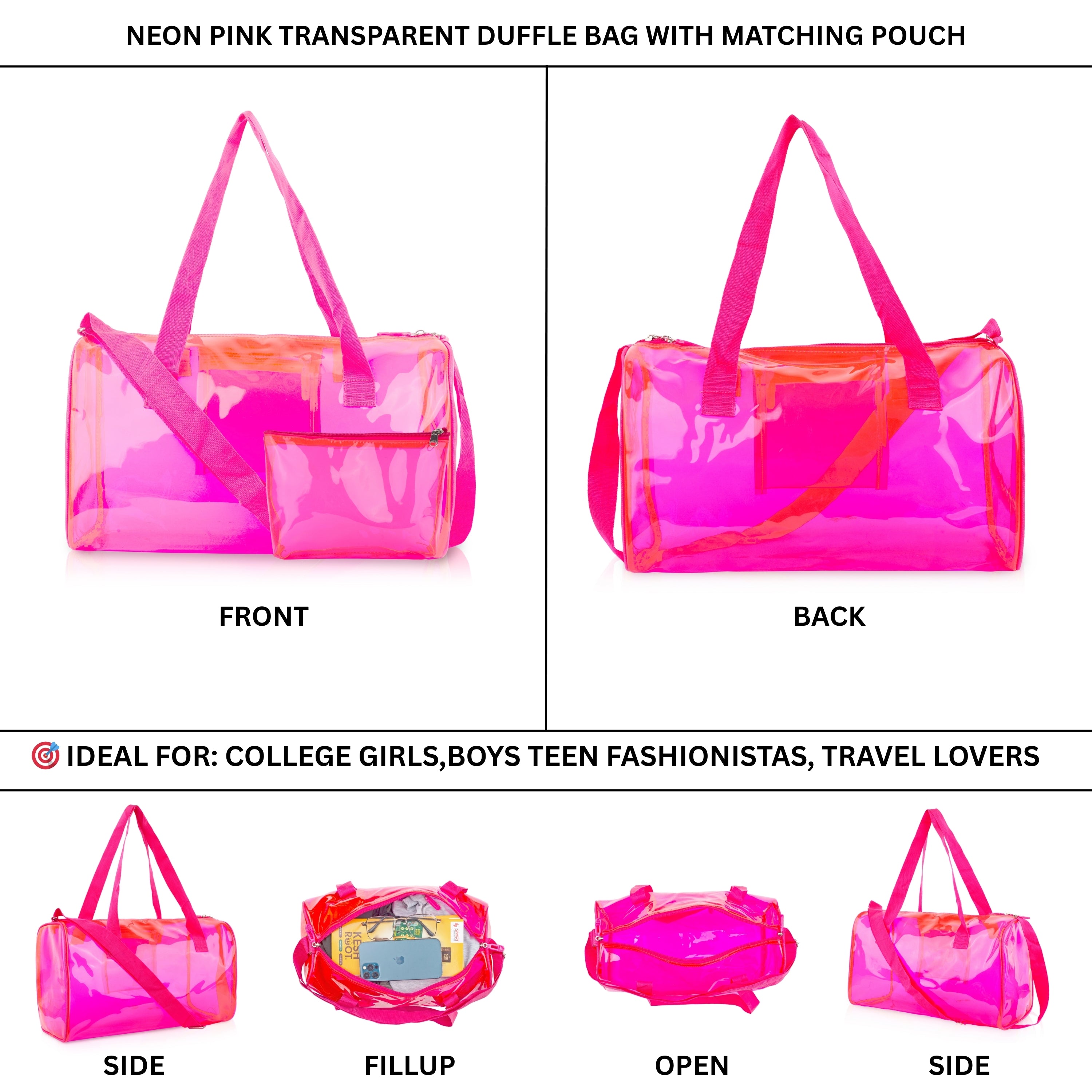 Echo Boomers Bold Blue Transparent Jelly Duffle Bag with Matching Pouch | 50 GSM Waterproof PVC Travel Gym Tote | Lightweight Shoulder Handbag for Women, Girls, College, Sports & Weekend Trips