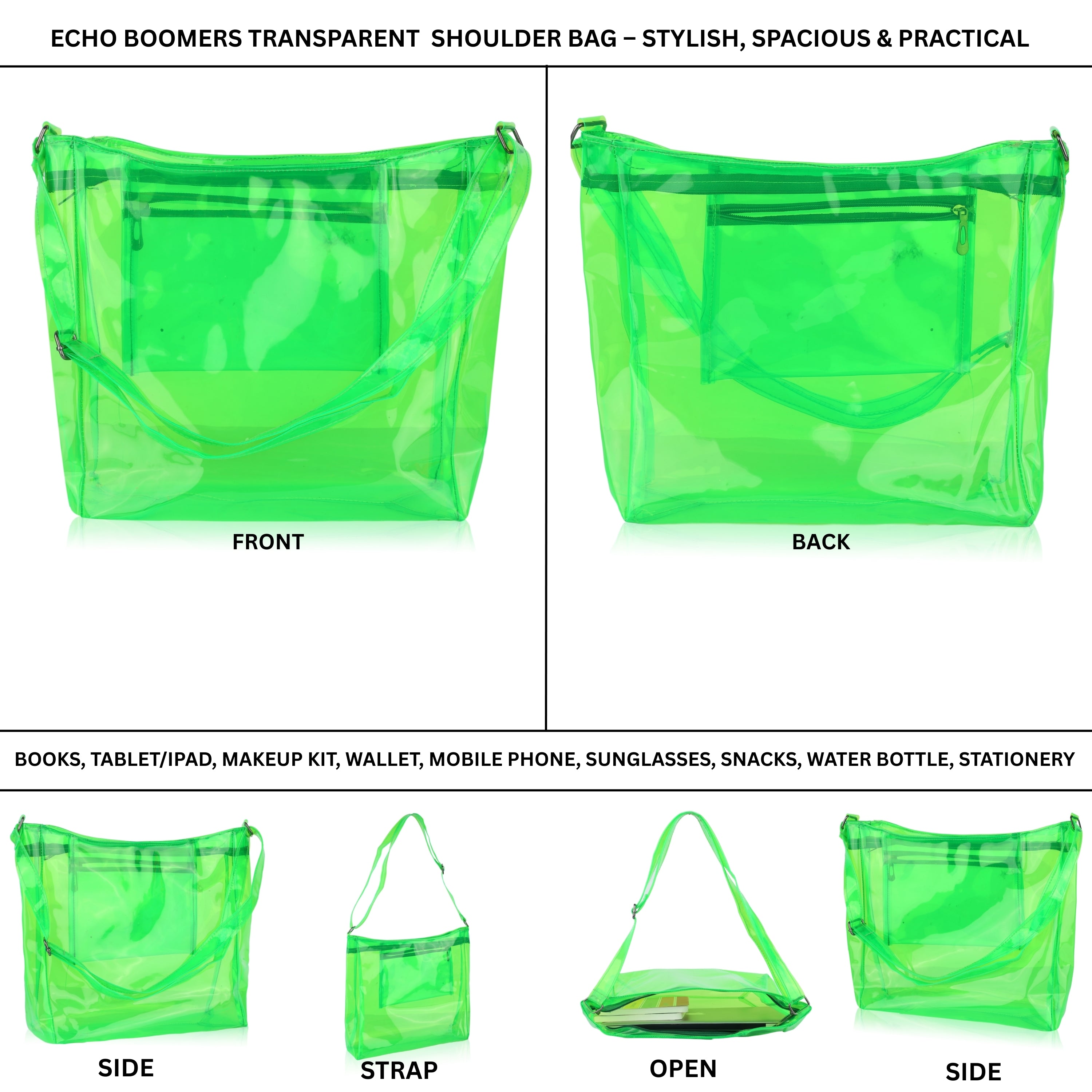 Echo Boomers Transparent Shoulder Bag – Neon Orange, Pink, Green ,Purple, Yellow & Blue| Stylish, Spacious, Durable & Multipurpose PVC Tote
