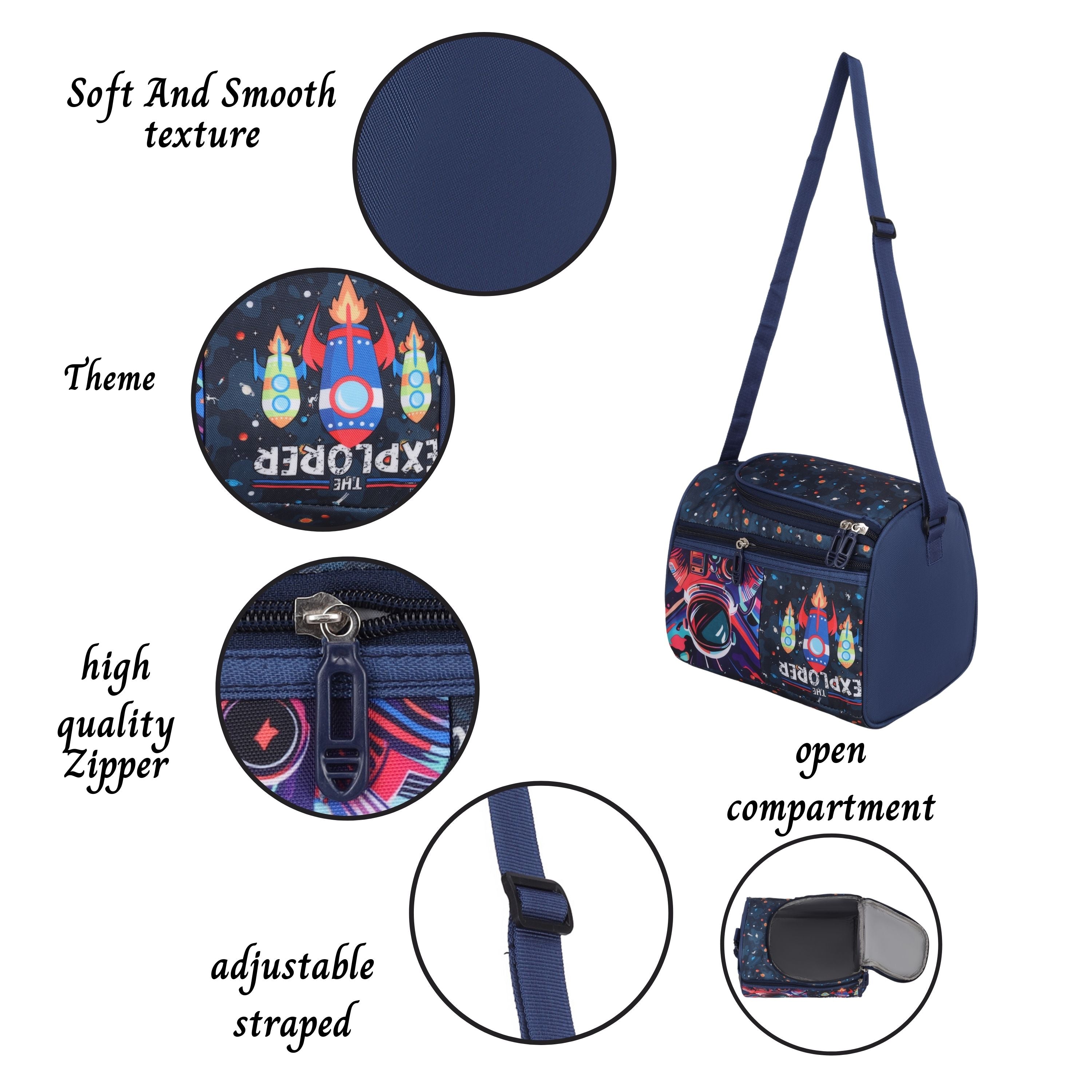 Echo Boomers Blue Explorer Printed Double Insulated Tiffin Lunch Bag with Multi Zipper Pockets - Blue