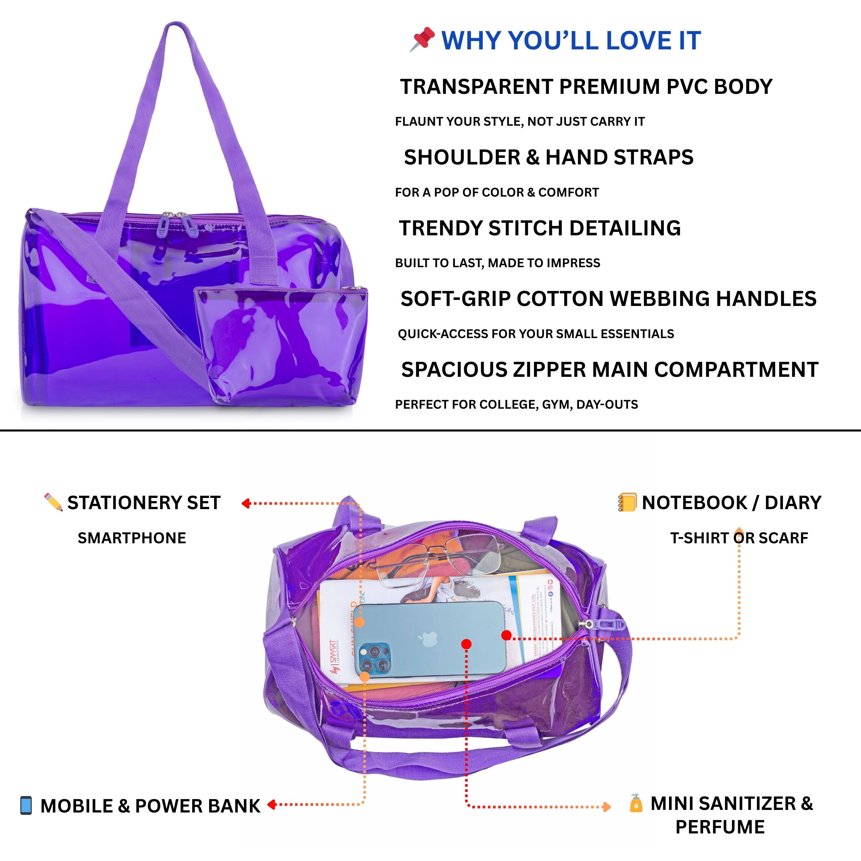 Echo Boomers Bold Blue Transparent Jelly Duffle Bag with Matching Pouch | 50 GSM Waterproof PVC Travel Gym Tote | Lightweight Shoulder Handbag for Women, Girls, College, Sports & Weekend Trips