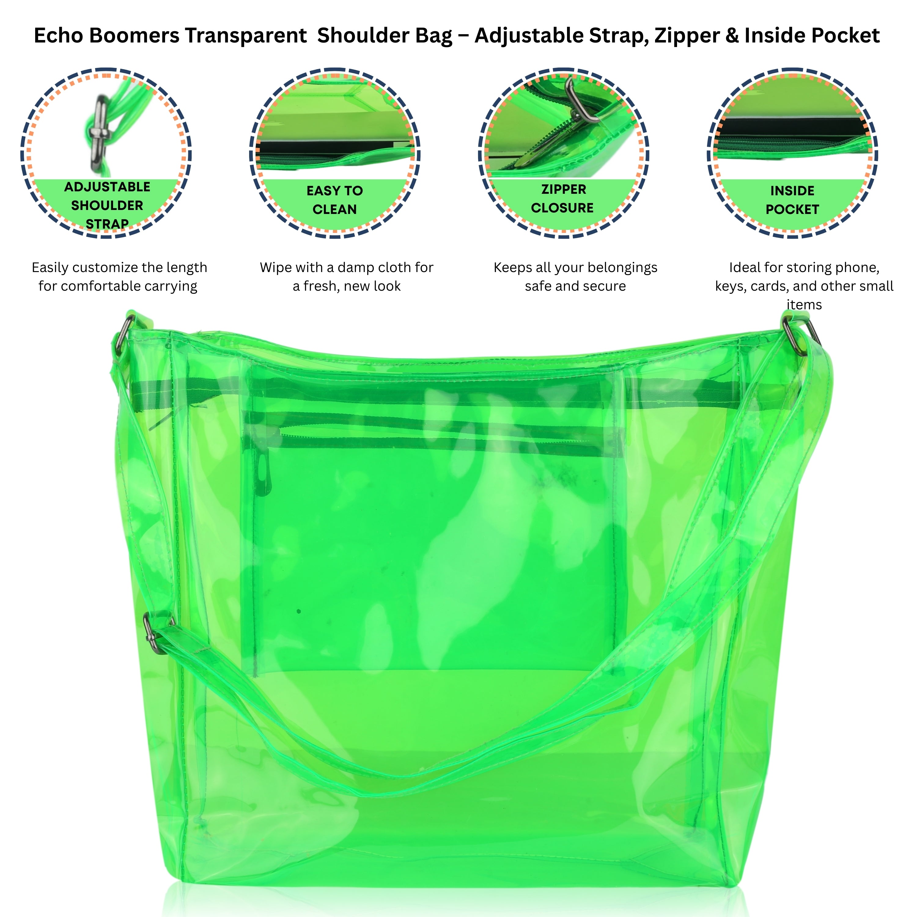 Echo Boomers Transparent Shoulder Bag – Neon Orange, Pink, Green ,Purple, Yellow & Blue| Stylish, Spacious, Durable & Multipurpose PVC Tote