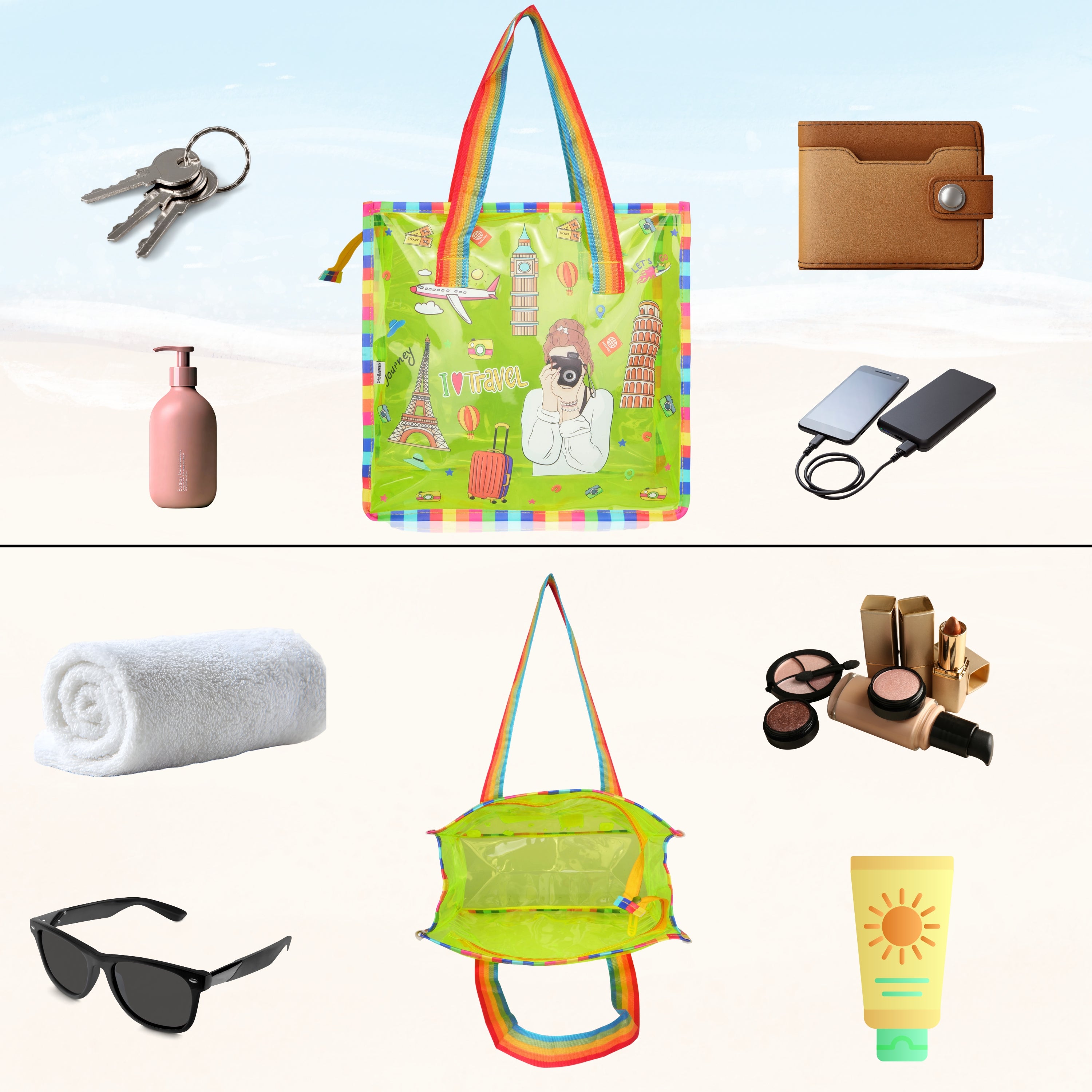 Echo Boomers Jelly Green Transparent Tote Bag for Girls & Boys | UV Printed Let’s Travel Design | Waterproof PVC Handbag | Lightweight Shopping, Outdoor, Beach & Swimming Carry Bag