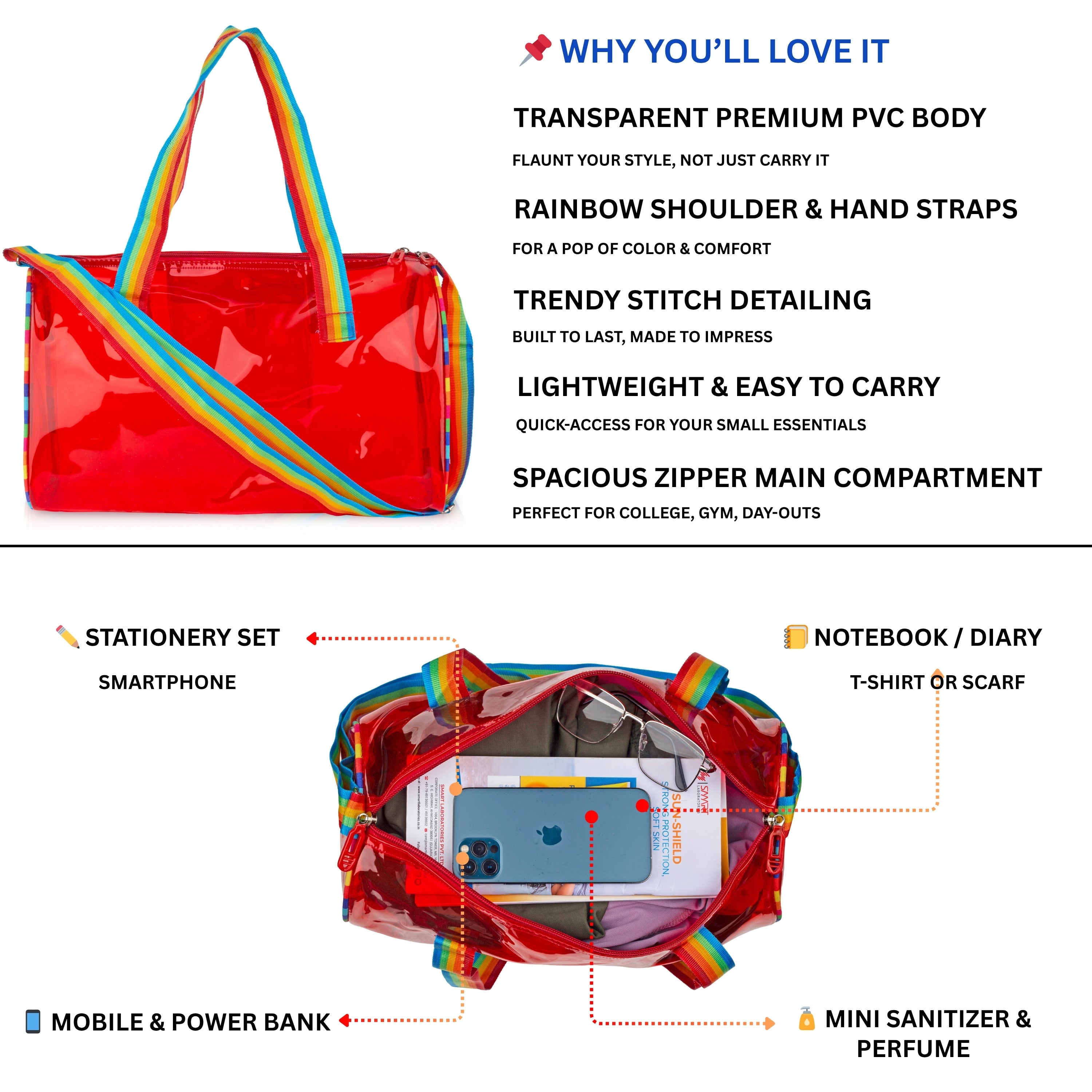 Echo Boomers See-Through Jelly Duffle –  Transparent Bag with Rainbow Handles | Trendy Handbag for School, Gym, Travel, Beach
