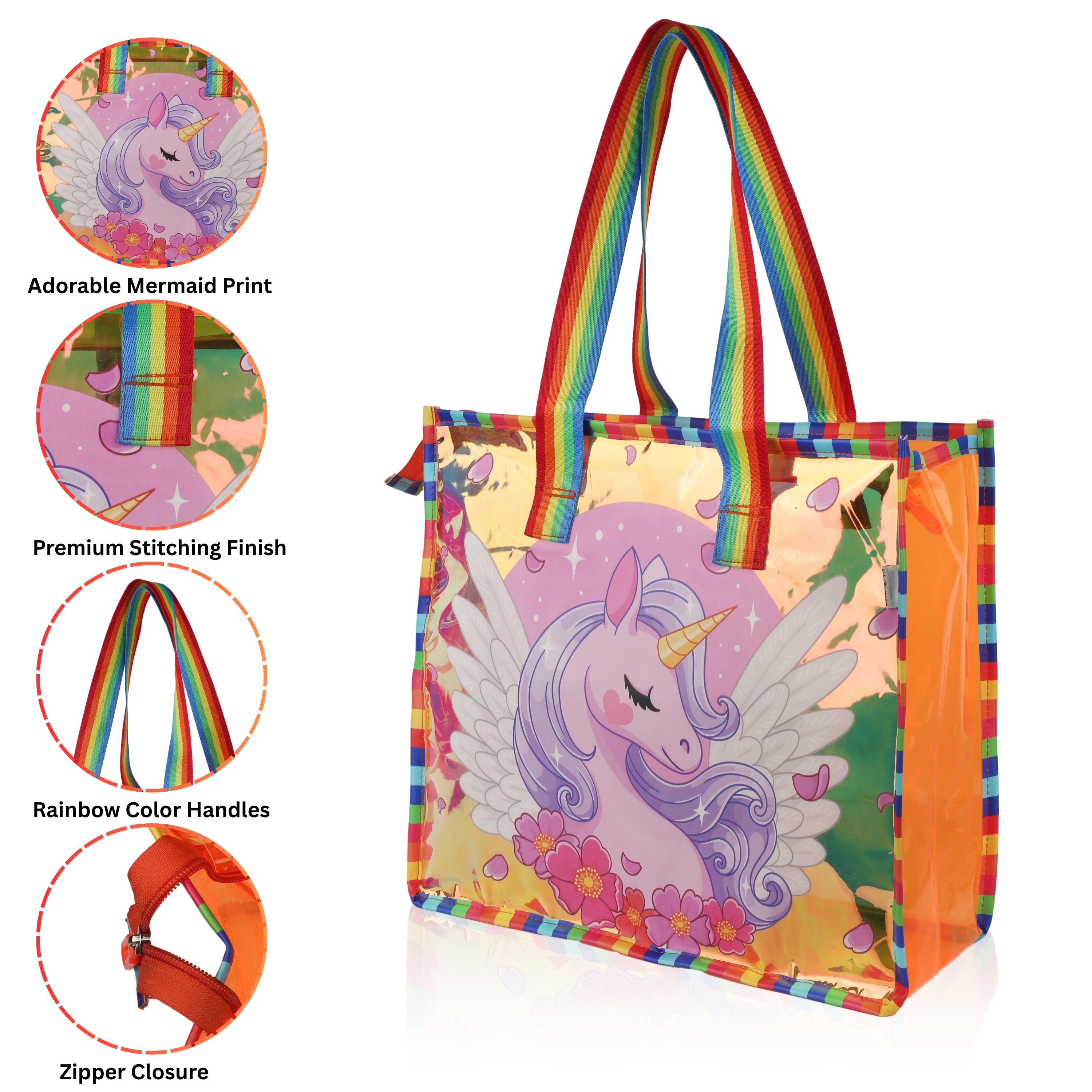 Echo Boomers Cute Mermaid,Magical Unicorn Wings,Astronaut, Stylish Cat,Cute Love Unicorn Transparent 50 GsmTote Bag – Rainbow Handles | Spacious, Durable & Stylish PVC Bag