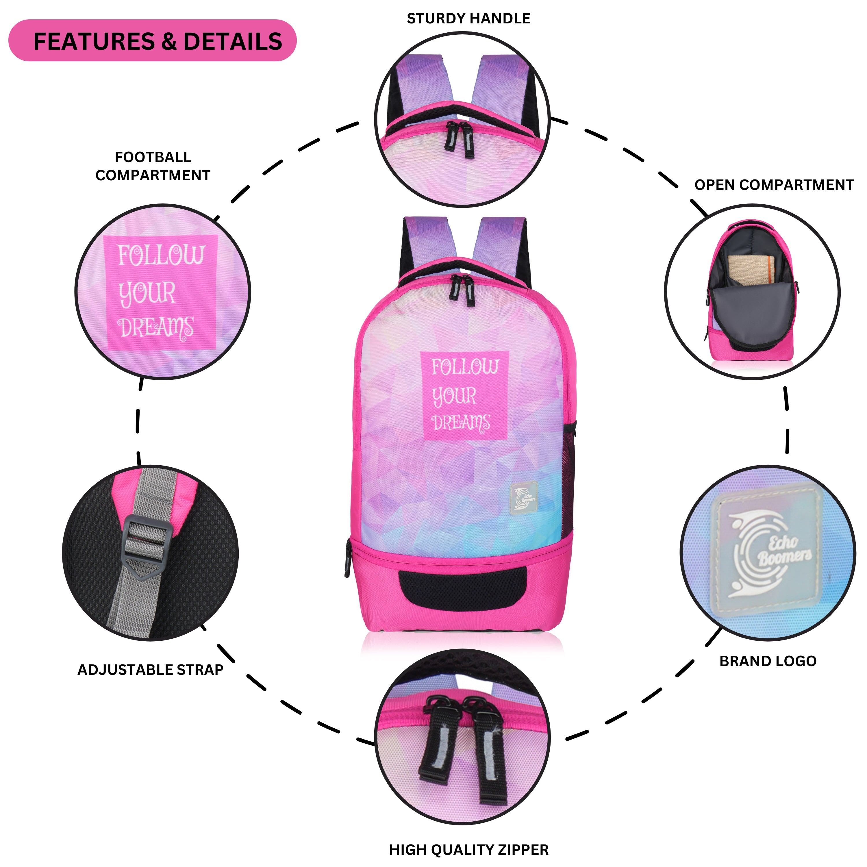 Echo Boomers Manchester United Sports Backpack with Separate Football Compartment | Student Sports Backpack with Adjustable Straps, Sturdy Handle & High Quality Zippers