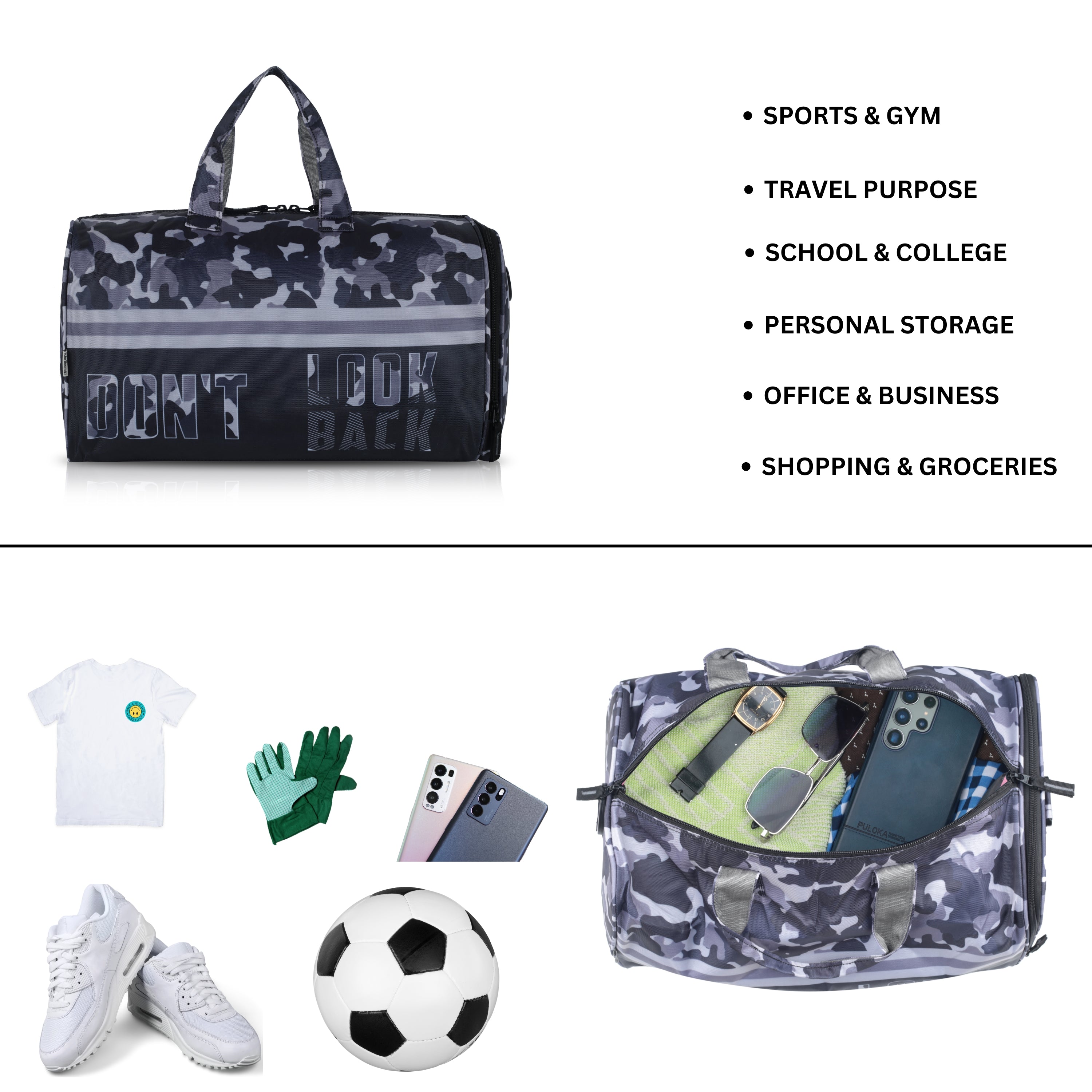 Echo Boomers Square Text Print Duffle Bag – Stylish Travel & Gym Bag with Shoe Compartment