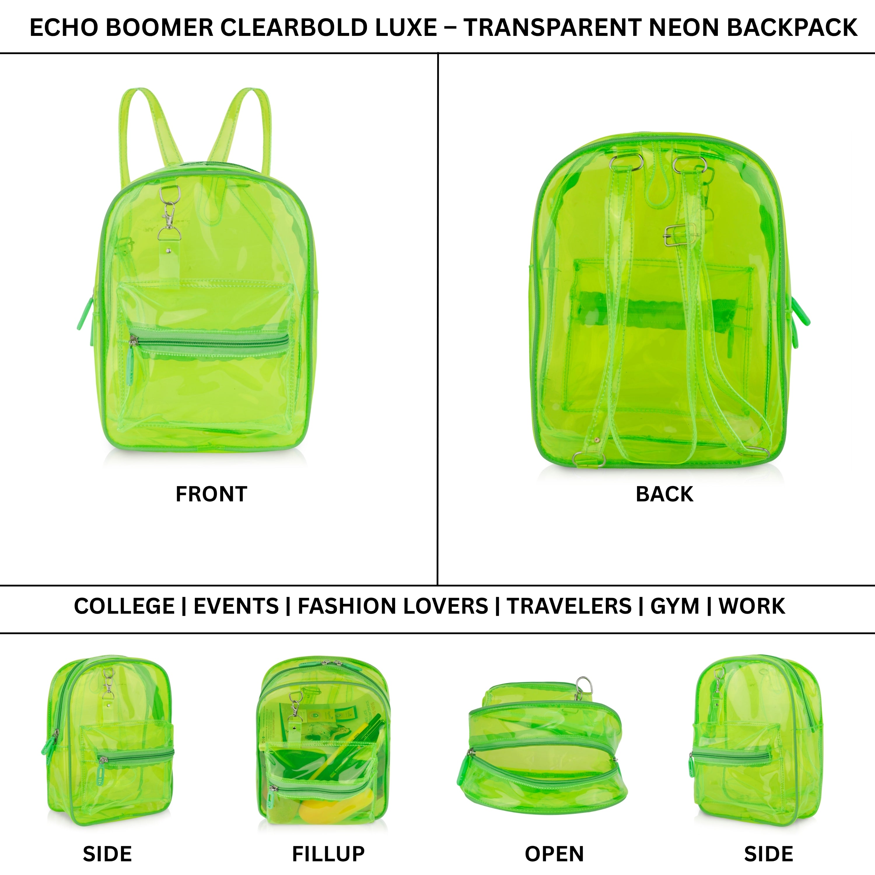 Echo Boomers Stylish Transparent Jelly Backpack | Trendy Neon  Clear Bag | 50 GSM Waterproof PVC School, College & Travel Backpack with Front Zipper Pocket