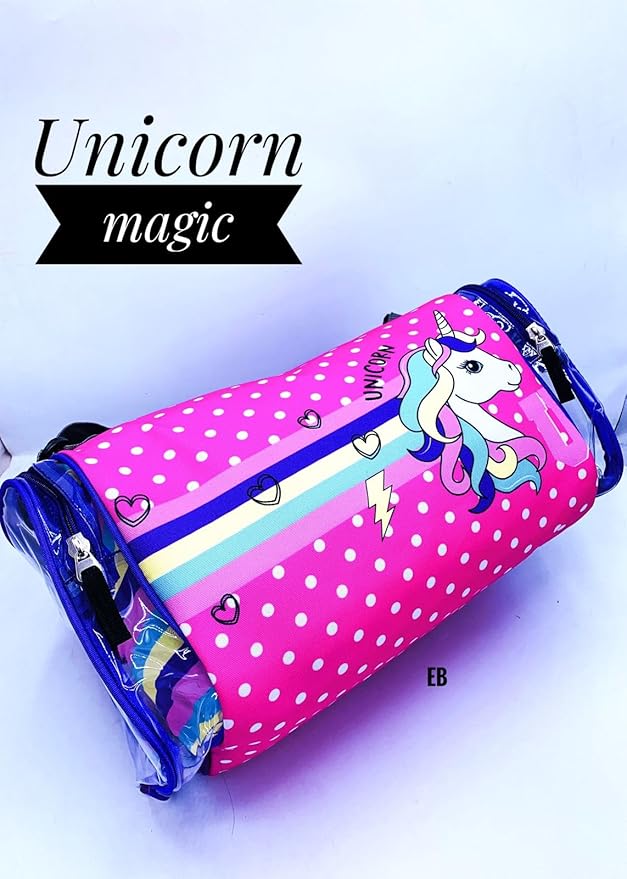 Echo Boomers Pink Unicorn Print Square Travel Duffle Gym Luggage Bag with PVC Side Compartments