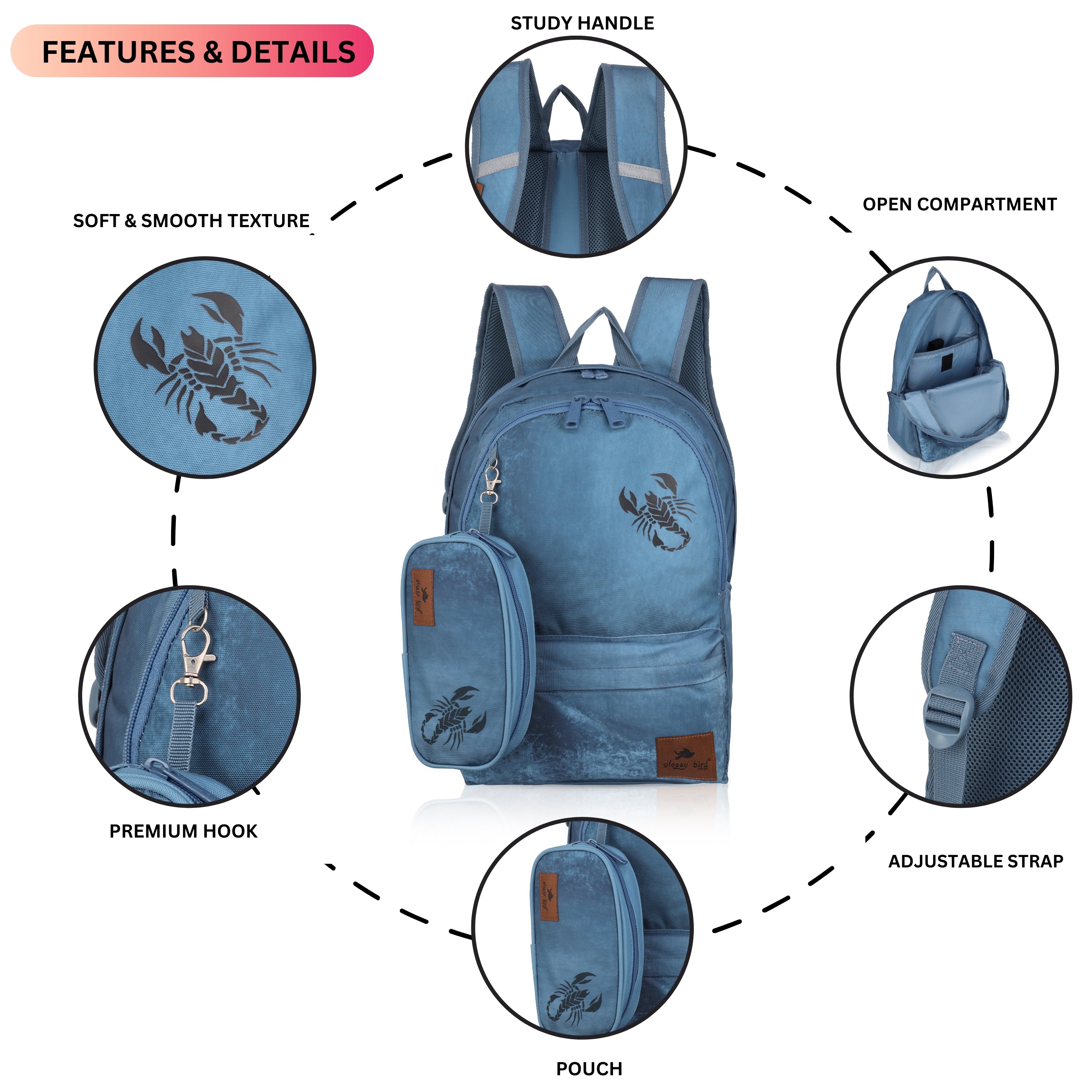 Echo Boomers Glossy Bird Backpack – Water-Resistant Stylish Bag with 3 Compartments, Bottle Holder, Detachable Pouch & Padded Straps – School & Travel Bag (AQUA)