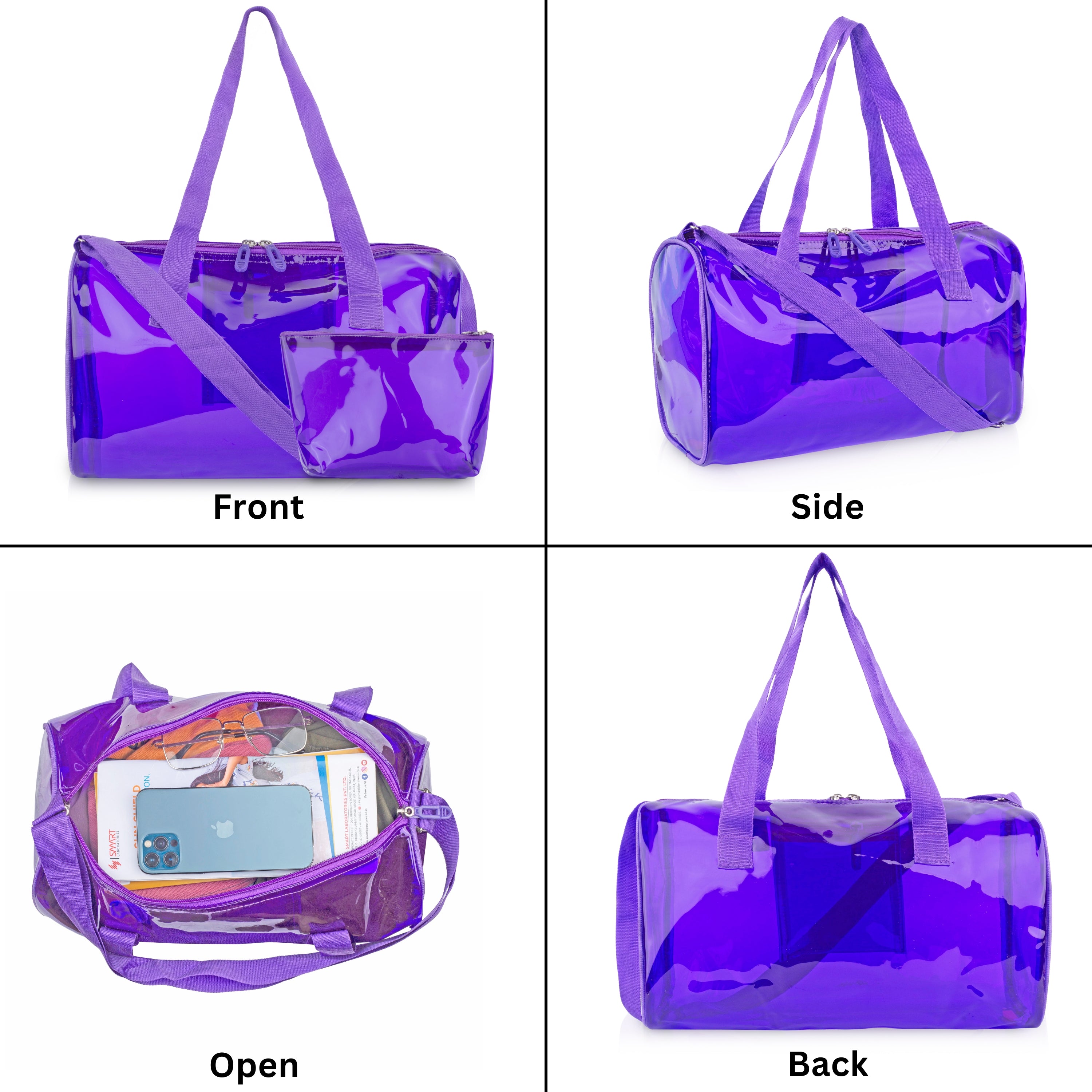 Echo Boomers Bold Blue Transparent Jelly Duffle Bag with Matching Pouch | 50 GSM Waterproof PVC Travel Gym Tote | Lightweight Shoulder Handbag for Women, Girls, College, Sports & Weekend Trips