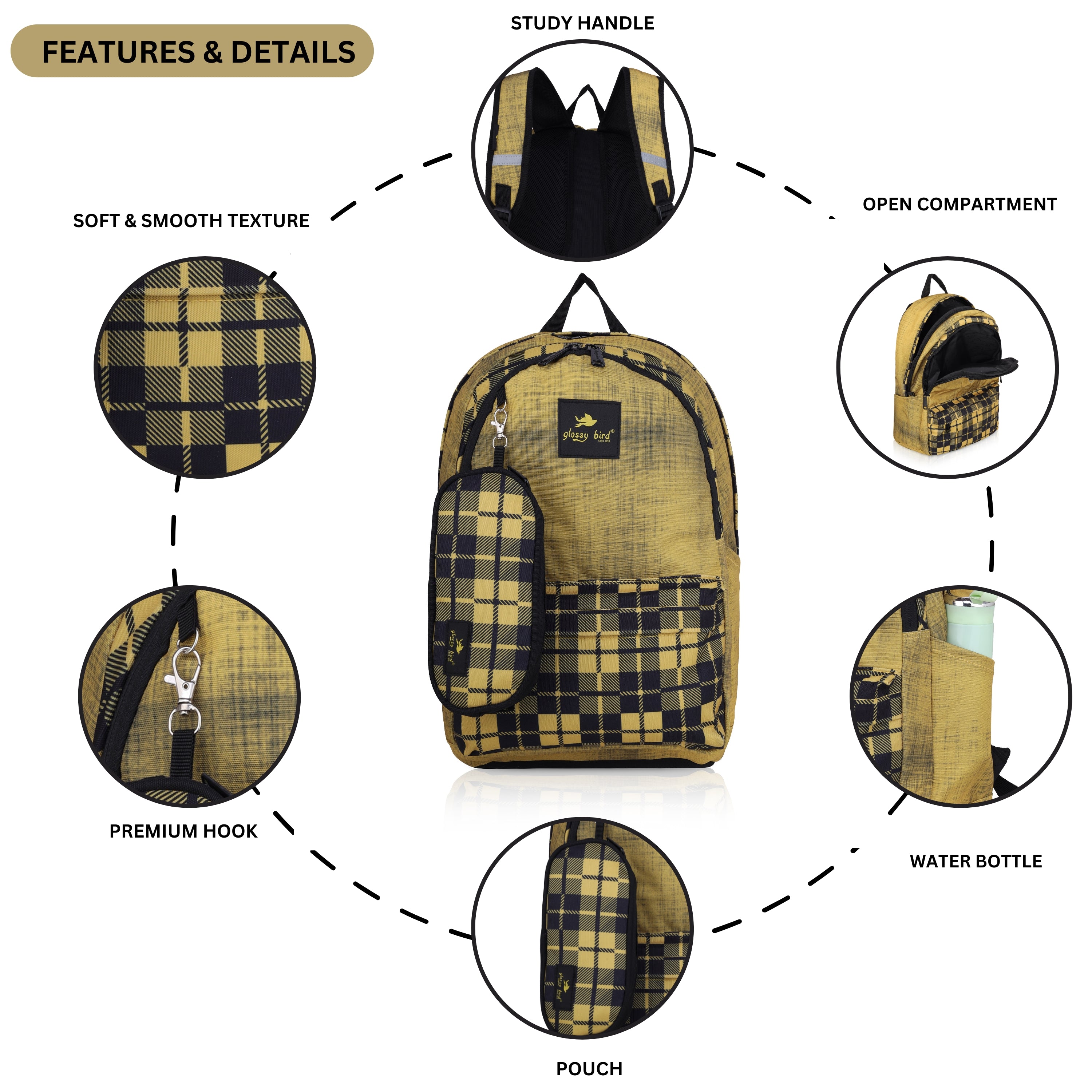 Echo Boomers Glossy Bird 21L Unisex Backpack with Pouch – Stylish Check Design, 3 Compartments, Front Pocket, Bottle Holder – Water-Resistant School, Travel, Office Bag (Yellow