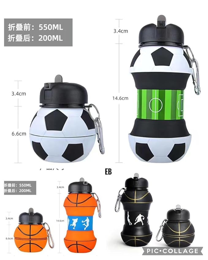 Echo Boomers Sports Ball Shape 550ml Bpa Free Silicone Collapsable Water Bottle for School, Travel Adventure, Gym For Kids & Adults (Orange)