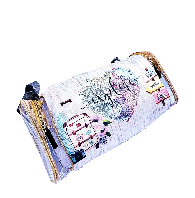 Echo Boomers White Wanderlust Print Square Travel Duffle Gym Luggage Bag with PVC Side Compartments