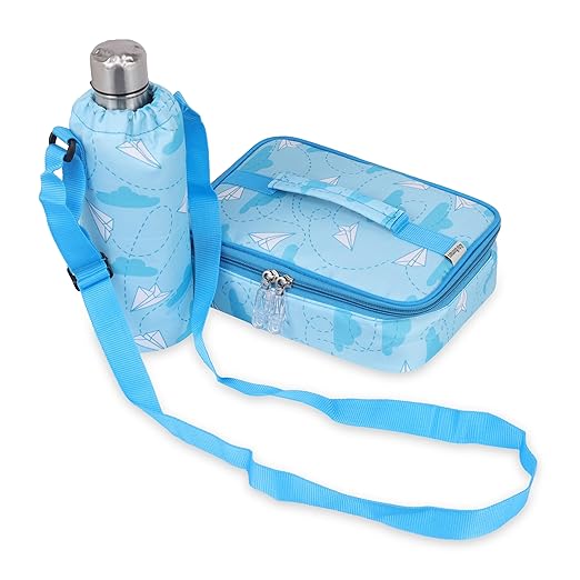 Echo Boomers Paper Plane Theme Printed Small Insulated Lunch Bag with Mesh Compartment & Water Bottle - Blue