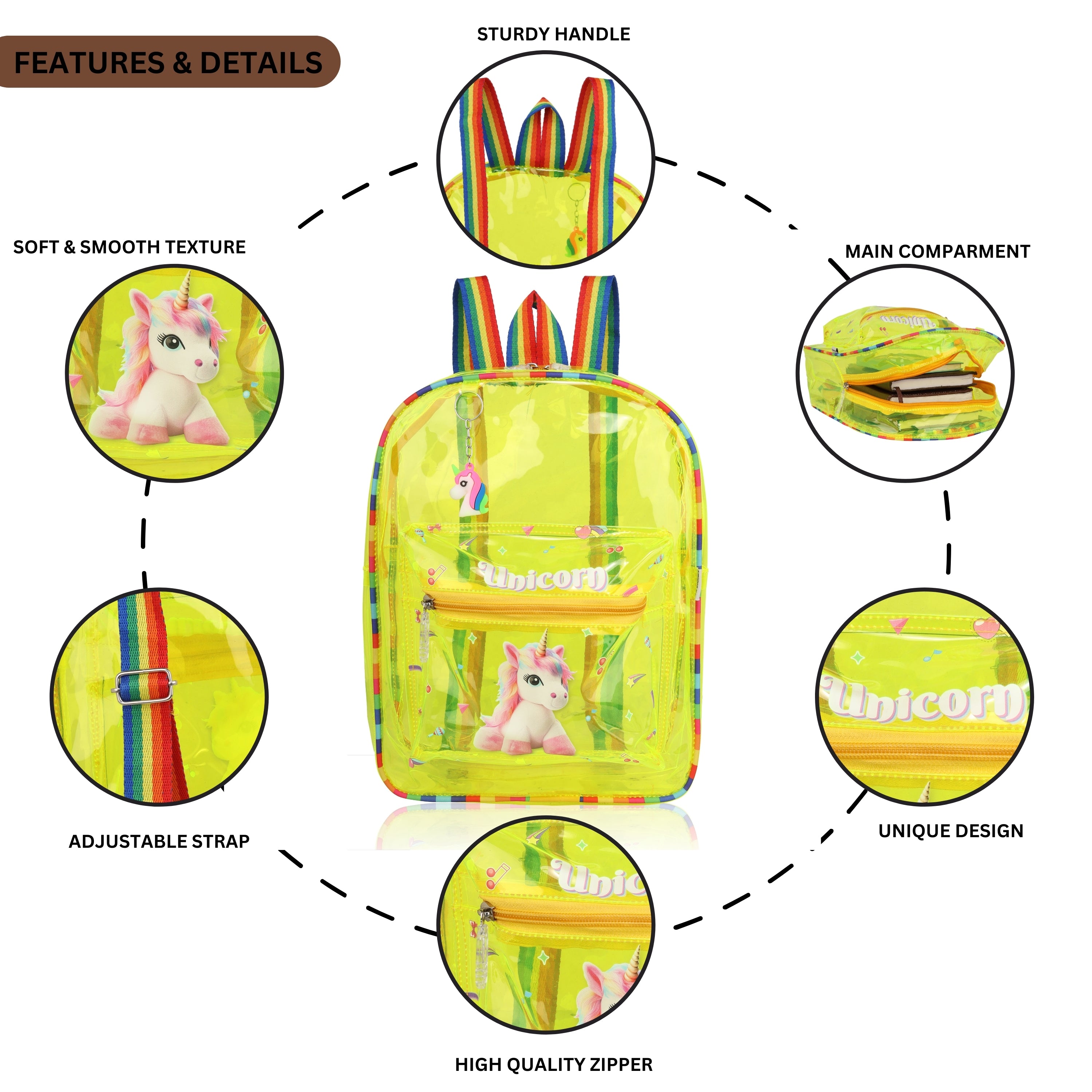 Echo Boomers Yellow Jelly Backpack Stylish, Lightweight & Durable with Unicorn Print, “Unicorn” Text, Transparent Soft Plastic, Adjustable Straps, Sturdy Handle, Premium Zipper & Versatile Design for School and Play.