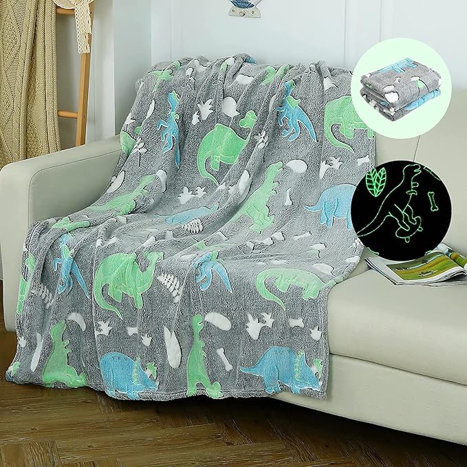 Echo Boomers Dino Glow in The Dark Blanket Printed Blankets for Kids, Light Weight Soft Cozy All Season Blankets for Baby Boys & Girls Pack of 1 Grey Star-Big (60x80 inches)