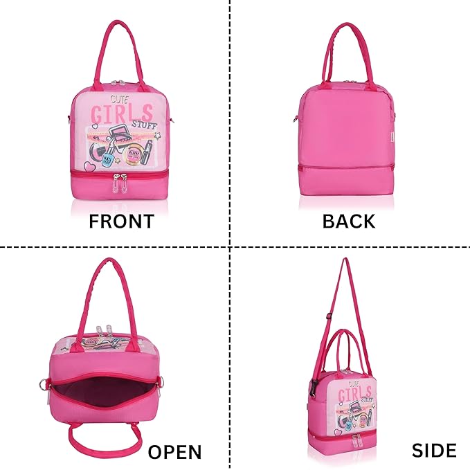 Echo Boomers Pink Lunch Bag - Insulated Tiffin Bag, Fun Girl Stuff Print & Long Strap