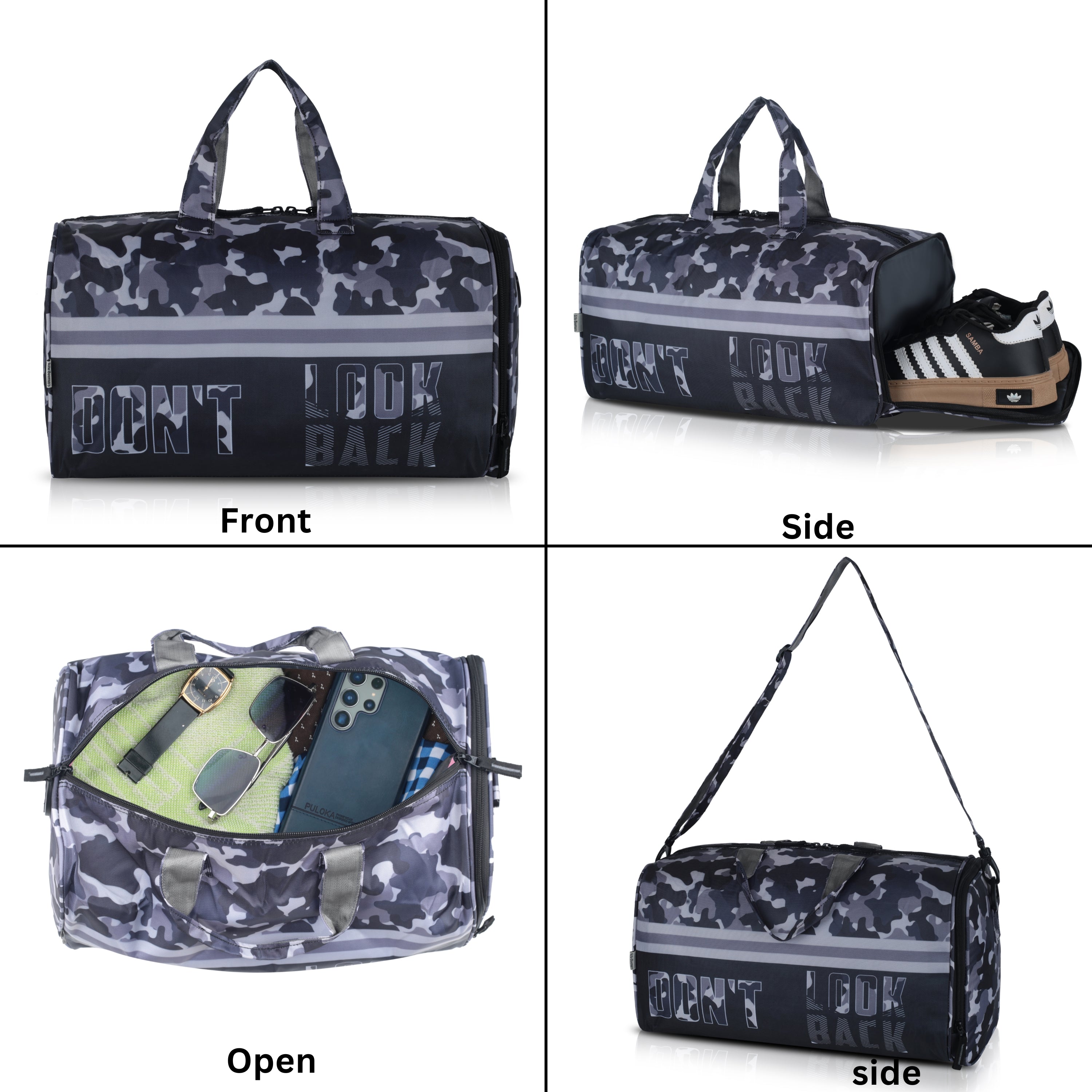 Echo Boomers Square Text Print Duffle Bag – Stylish Travel & Gym Bag with Shoe Compartment