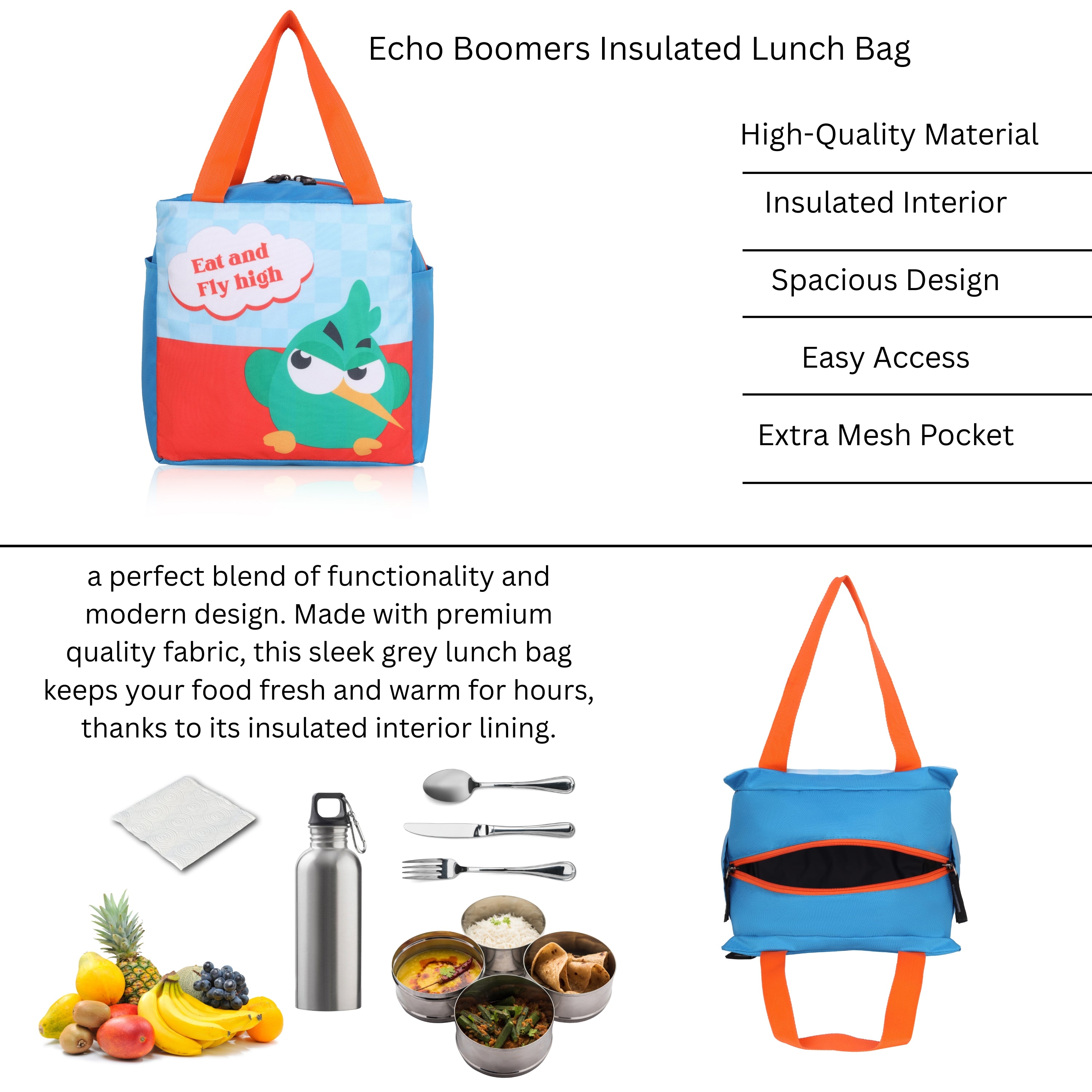 Echo Boomers Eat & Fly High Green Bird Lunch Bag for Kids | Stylish, Lightweight & Durable | School, Travel & Picnic Use | Premium Zipper, Sturdy Handle, Easy to Clean