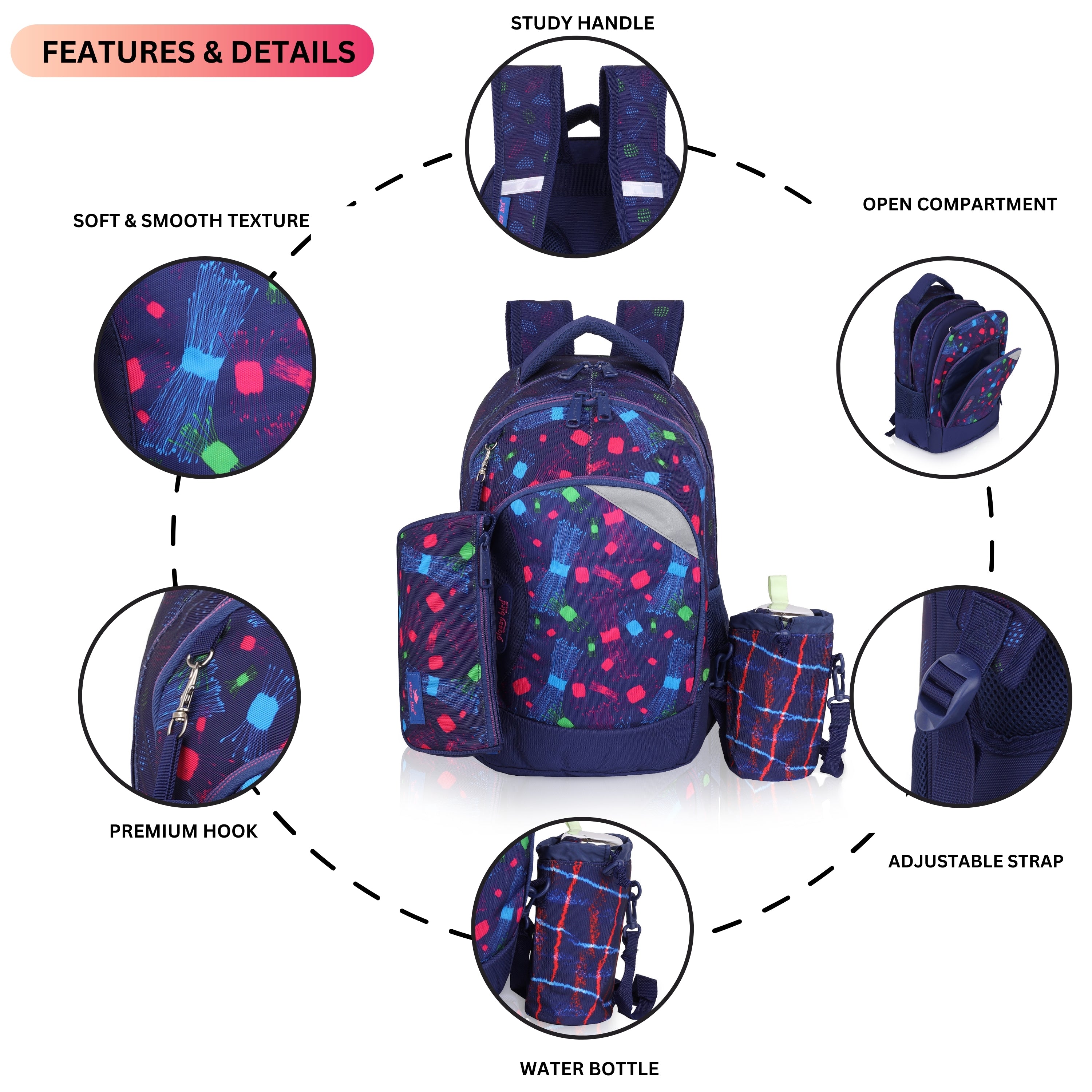 Echo Boomers Glossy Bird Backpack (BLACK) – Lightweight Water-Resistant School Bag for Girls & Boys with Detachable Pouch & Bottle Holder – Stylish Multi-Pocket Travel Backpack