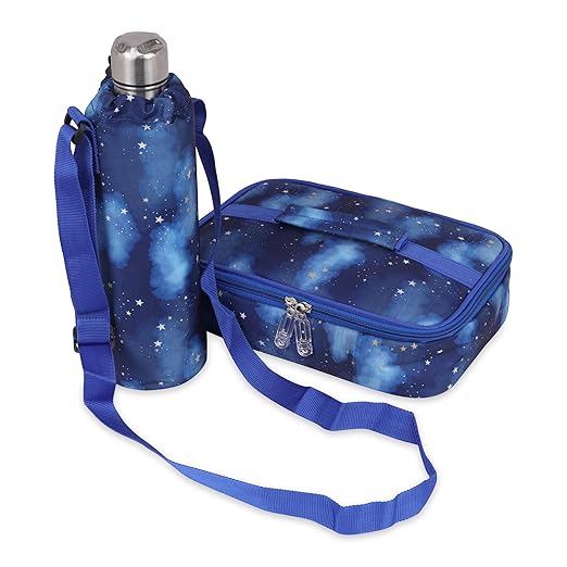 Echo Boomers Space Theme Printed Large Insulated Lunch Bag with Mesh Compartment & Water Bottle Combo - Dark Blue