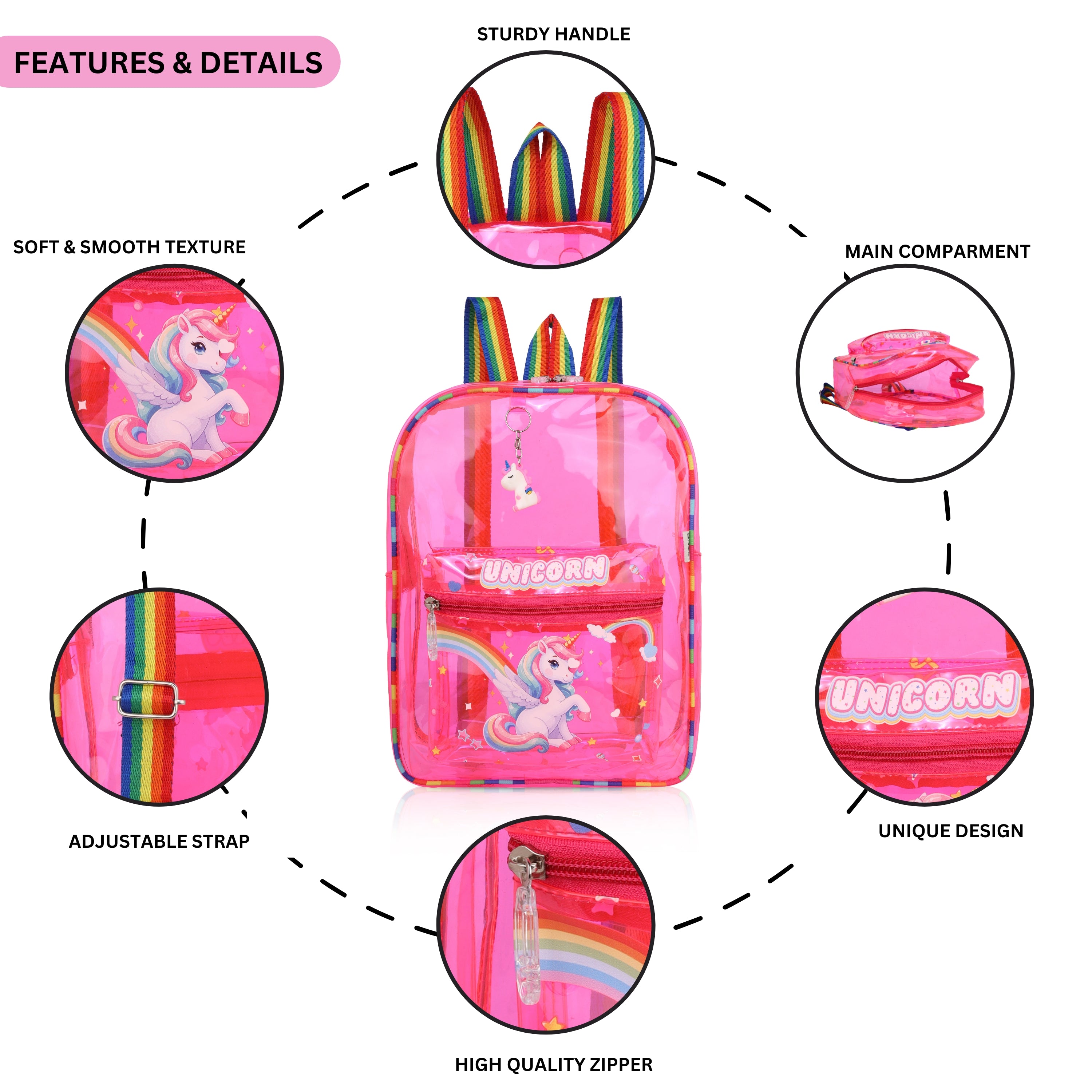 Echo Boomers Pink Jelly Backpack  Stylish, Lightweight & Durable with Unicorn Print, “Unicorn” Text, Transparent Soft Plastic, Adjustable Straps, Sturdy Handle, Premium Zipper & Versatile Design for School and Play.