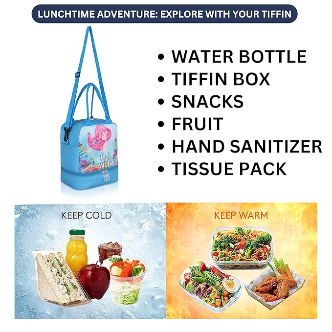 Echo Boomers Double Layer Insulated Tiffin Lunch Bag - Cool Blue Mermaid Print, Multi Pockets & Long Strap