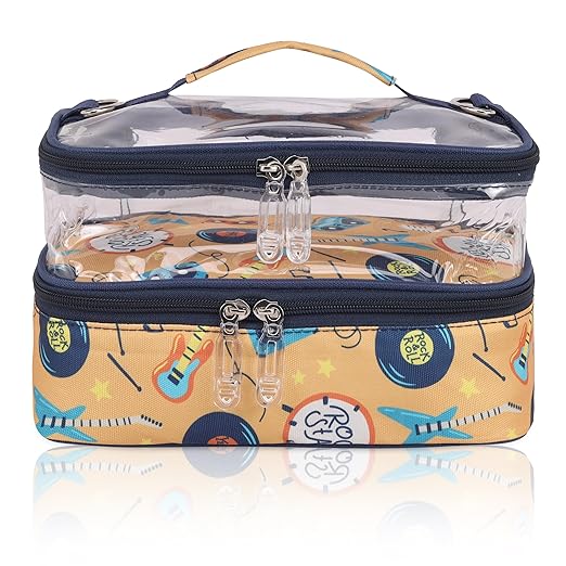 Echo Boomers Music Design Printed Small Double-Decker Insulated Lunch Bag with Multi-Zipper Pockets - Yellow