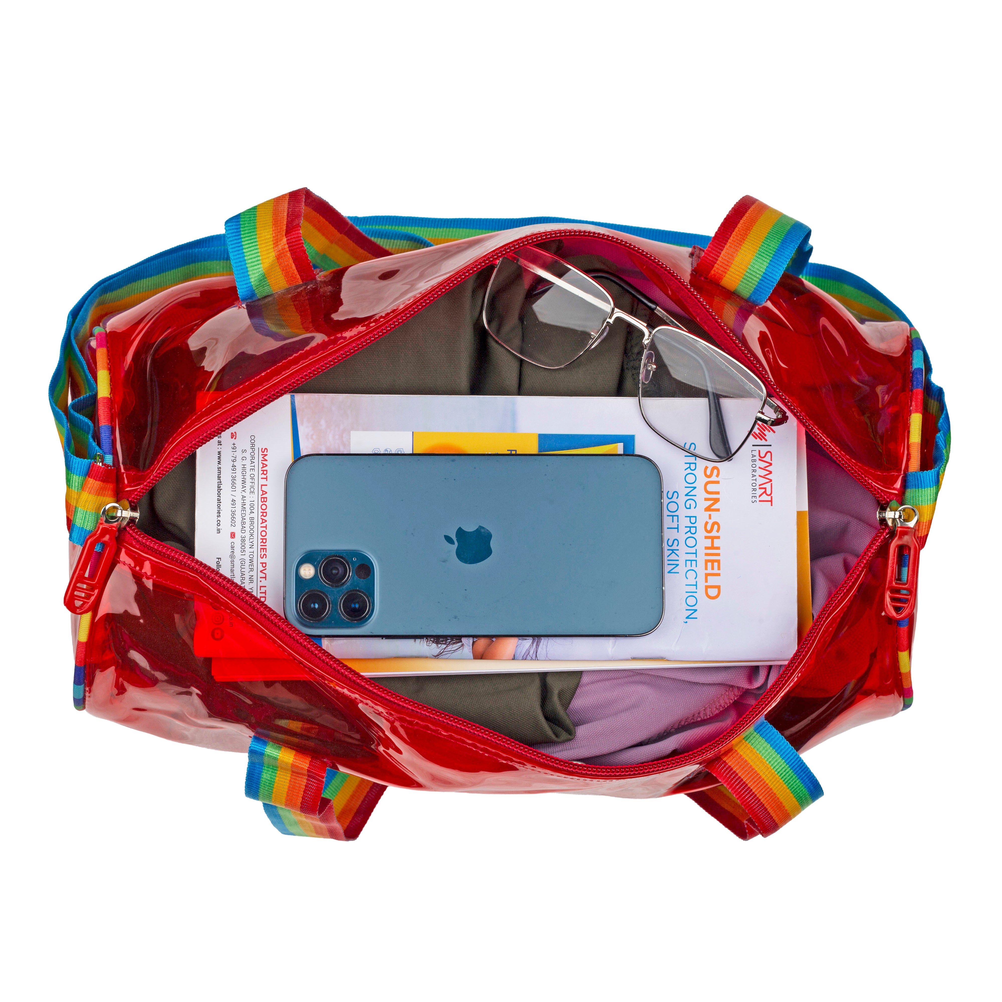 Echo Boomers See-Through Jelly Duffle –  Transparent Bag with Rainbow Handles | Trendy Handbag for School, Gym, Travel, Beach
