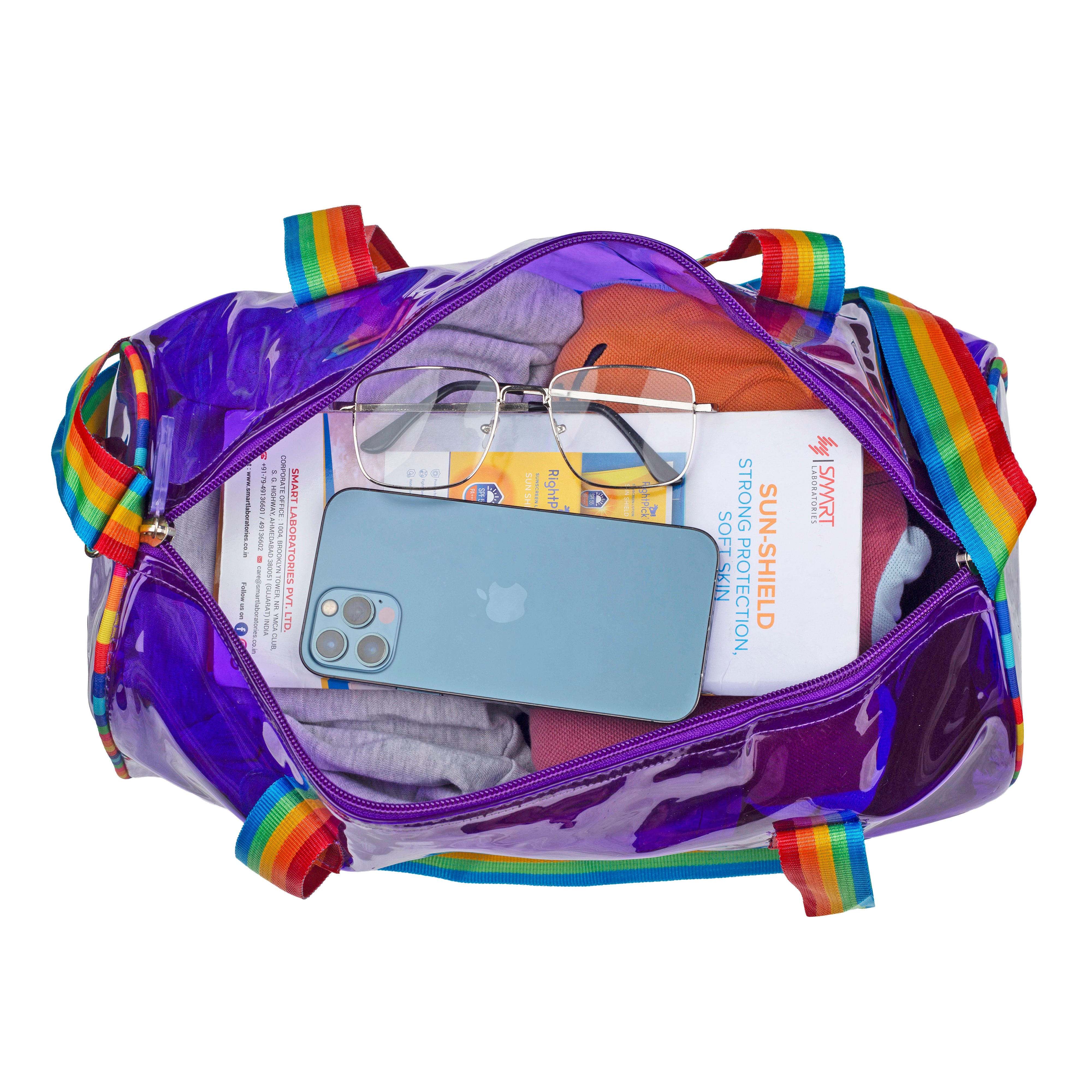 Echo Boomers See-Through Jelly Duffle –  Transparent Bag with Rainbow Handles | Trendy Handbag for School, Gym, Travel, Beach