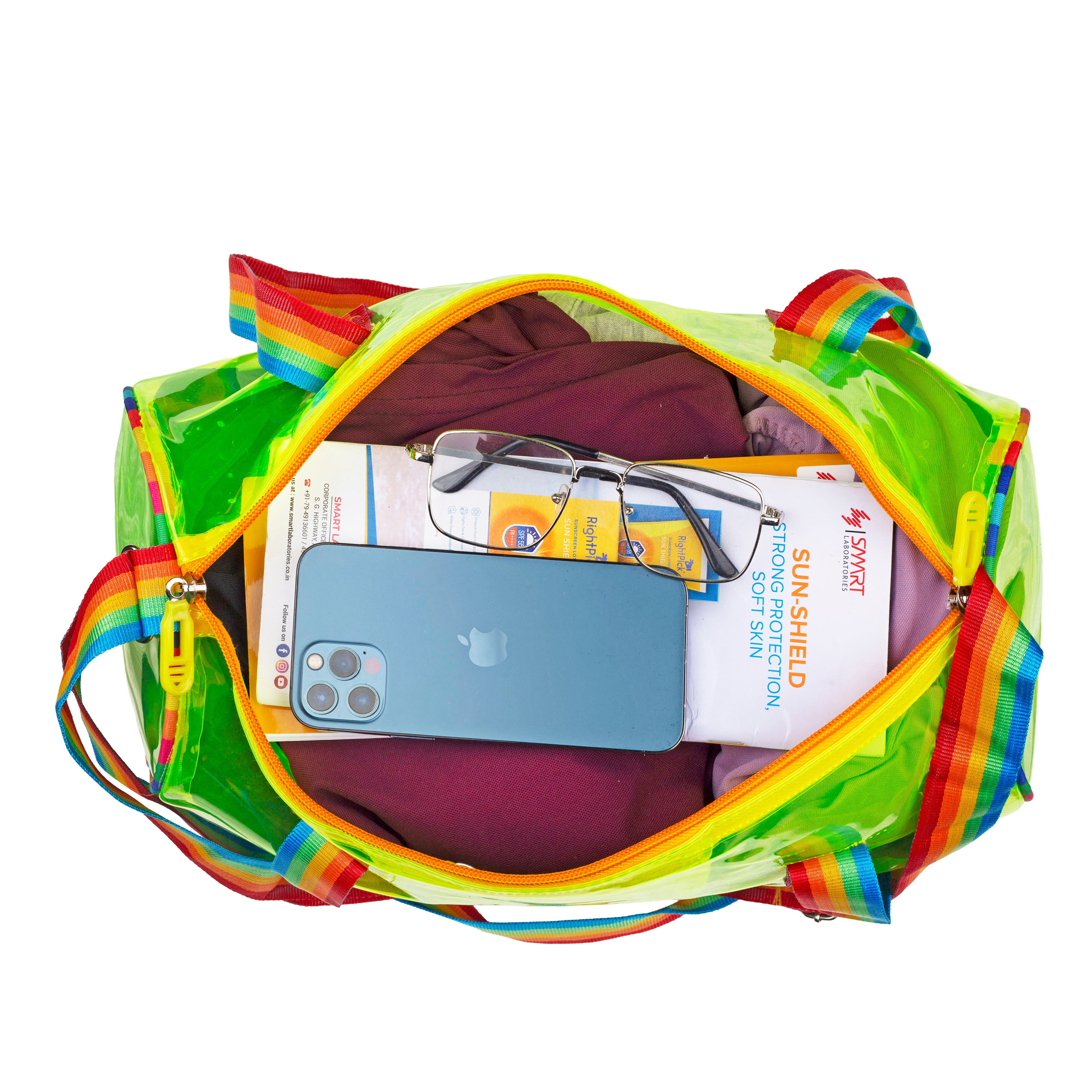 Echo Boomers See-Through Jelly Duffle –  Transparent Bag with Rainbow Handles | Trendy Handbag for School, Gym, Travel, Beach