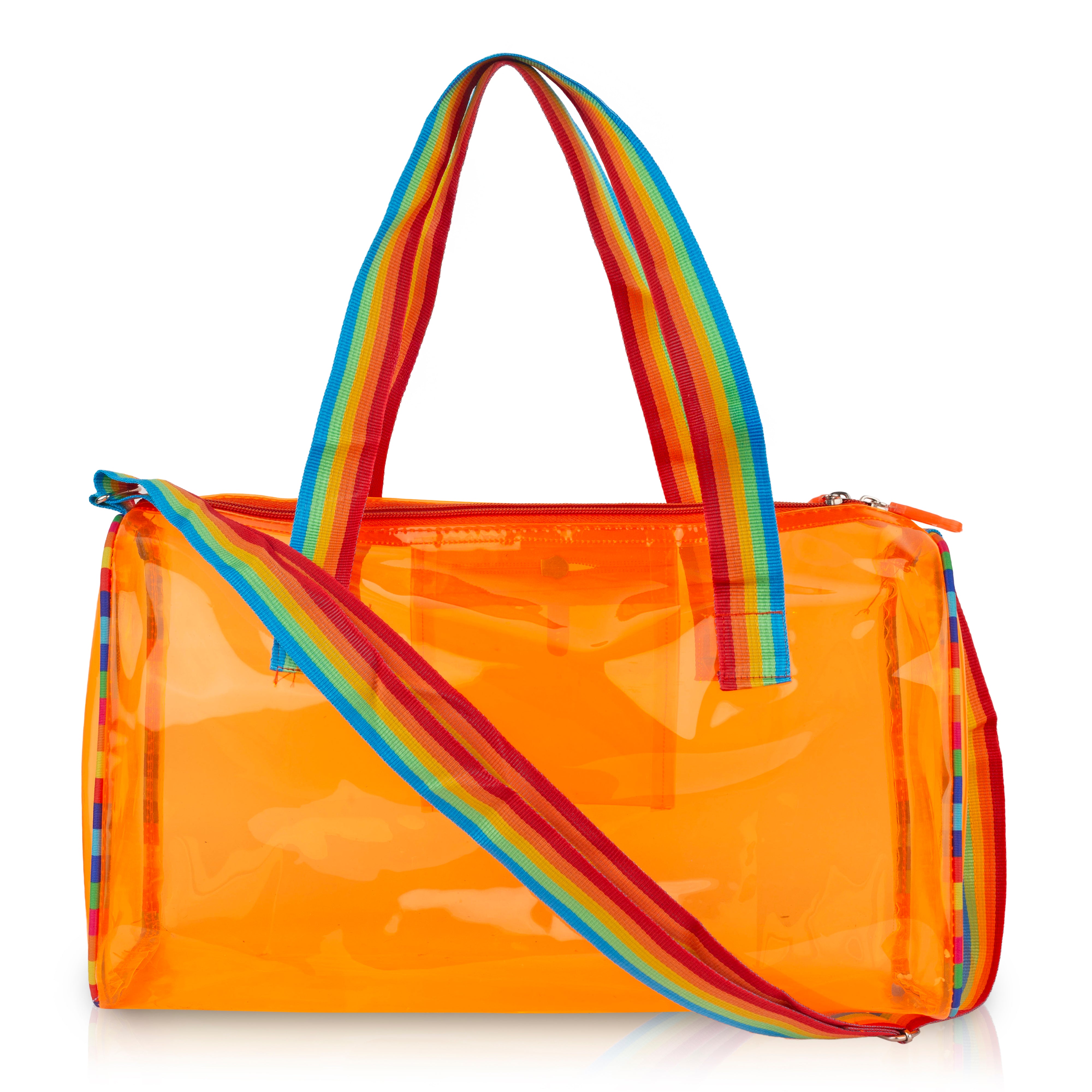 Echo Boomers See-Through Jelly Duffle –  Transparent Bag with Rainbow Handles | Trendy Handbag for School, Gym, Travel, Beach
